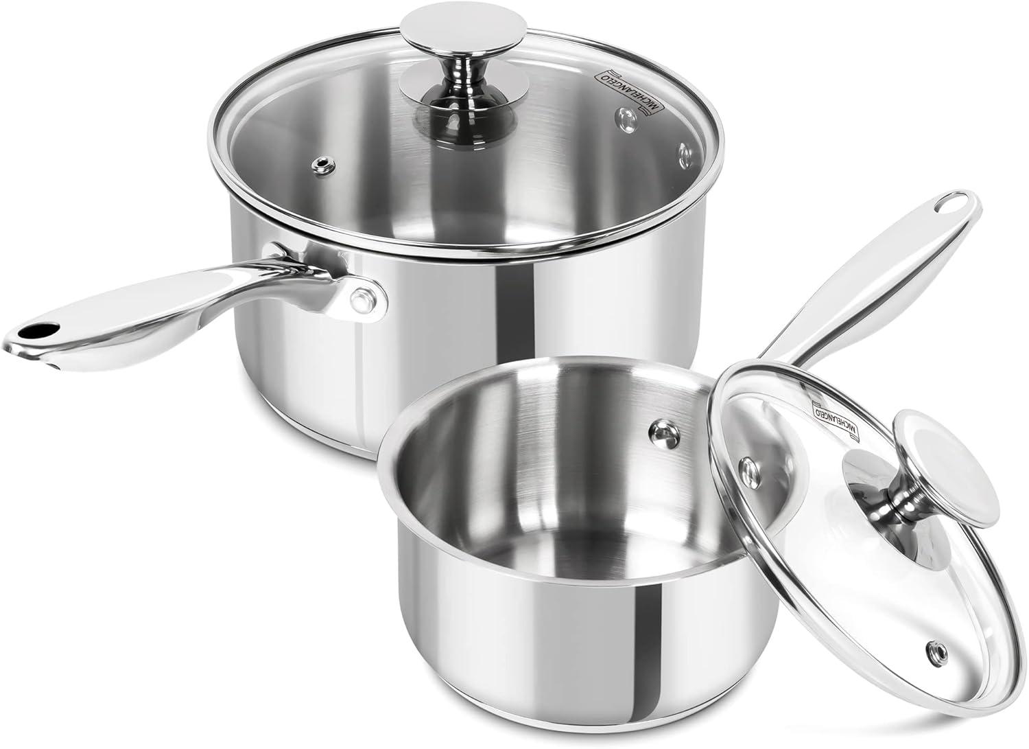 image:imageMICHELANGELO Stainless Steel Pot Set with Lids 1QT amp 2QT amp 3QT Stainless Steel Saucepan Set 6pcs 1810 Induction Saucepans Induction Compatible Dishwasher SafeTriPly Bottom