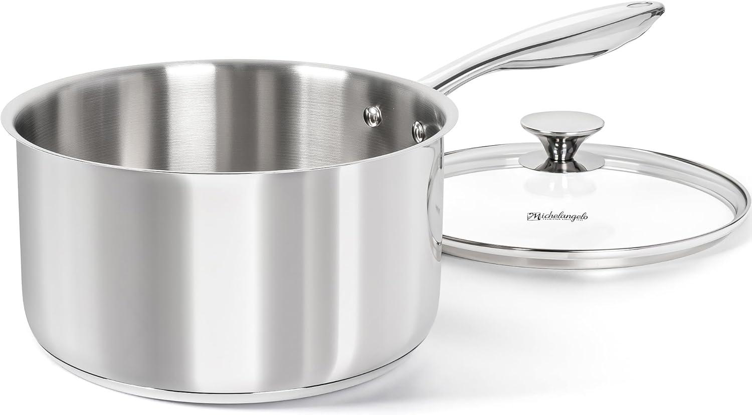image:imageMICHELANGELO Stainless Steel Pot Set with Lids 1QT amp 2QT amp 3QT Stainless Steel Saucepan Set 6pcs 1810 Induction Saucepans Induction Compatible Dishwasher SafeFull TriPly