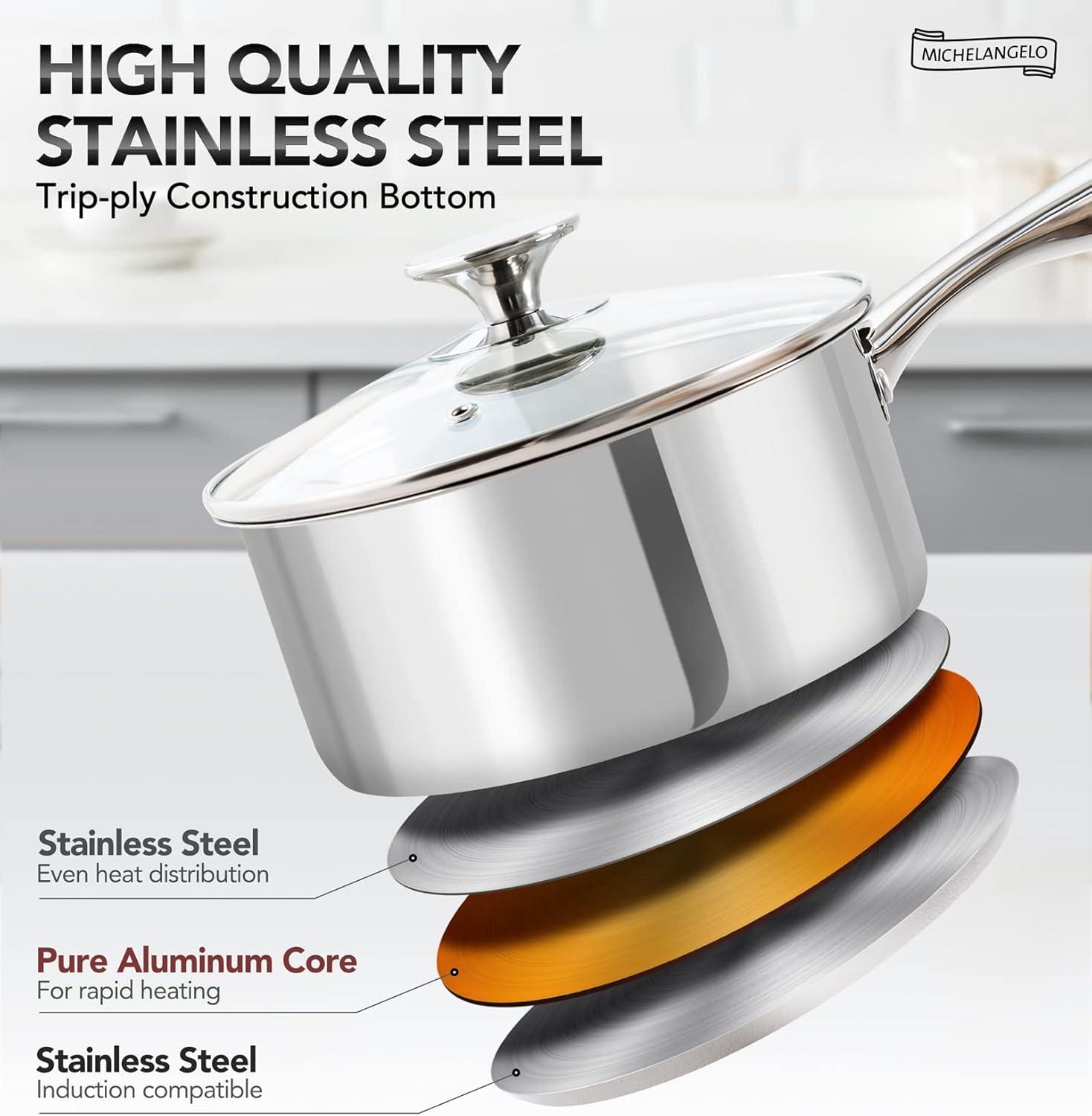 image:imageMICHELANGELO Stainless Steel Pot Set with Lids 1QT amp 2QT amp 3QT Stainless Steel Saucepan Set 6pcs 1810 Induction Saucepans Induction Compatible Dishwasher SafeTriPly Bottom