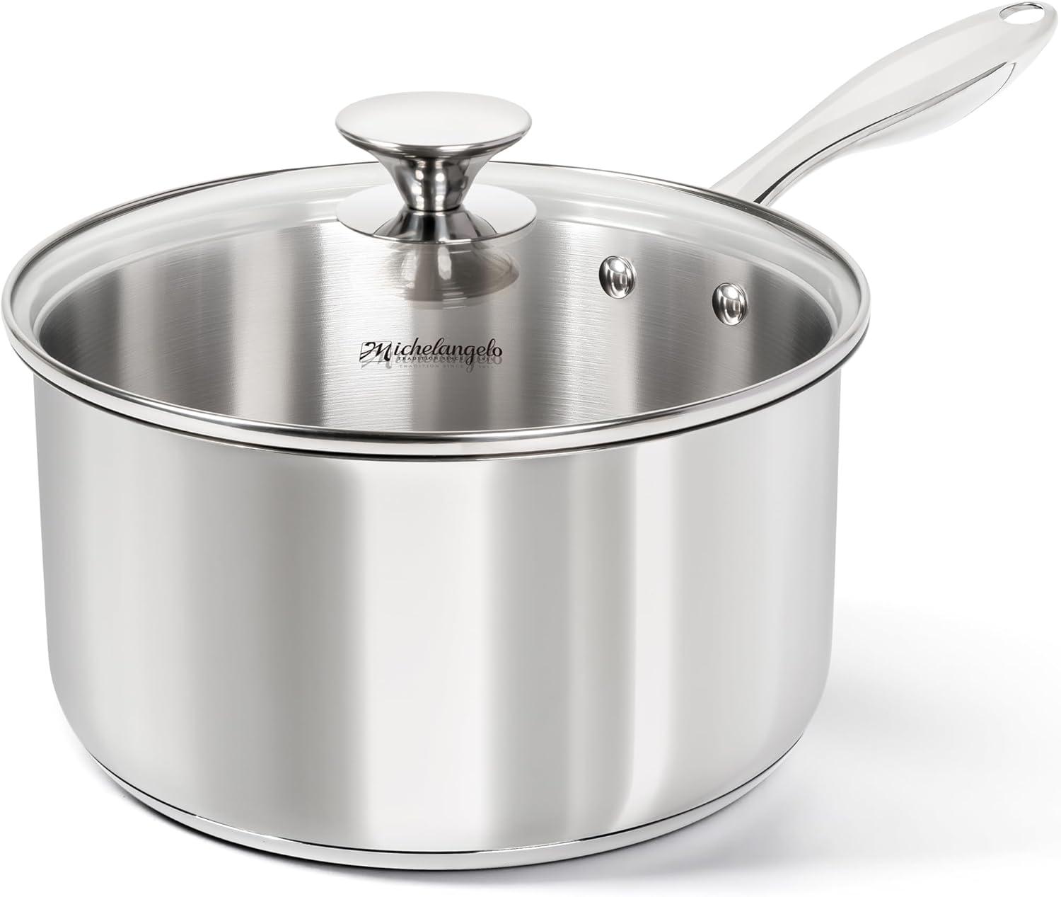 image:imageMICHELANGELO Stainless Steel Pot Set with Lids 1QT amp 2QT amp 3QT Stainless Steel Saucepan Set 6pcs 1810 Induction Saucepans Induction Compatible Dishwasher SafeTriPly Bottom