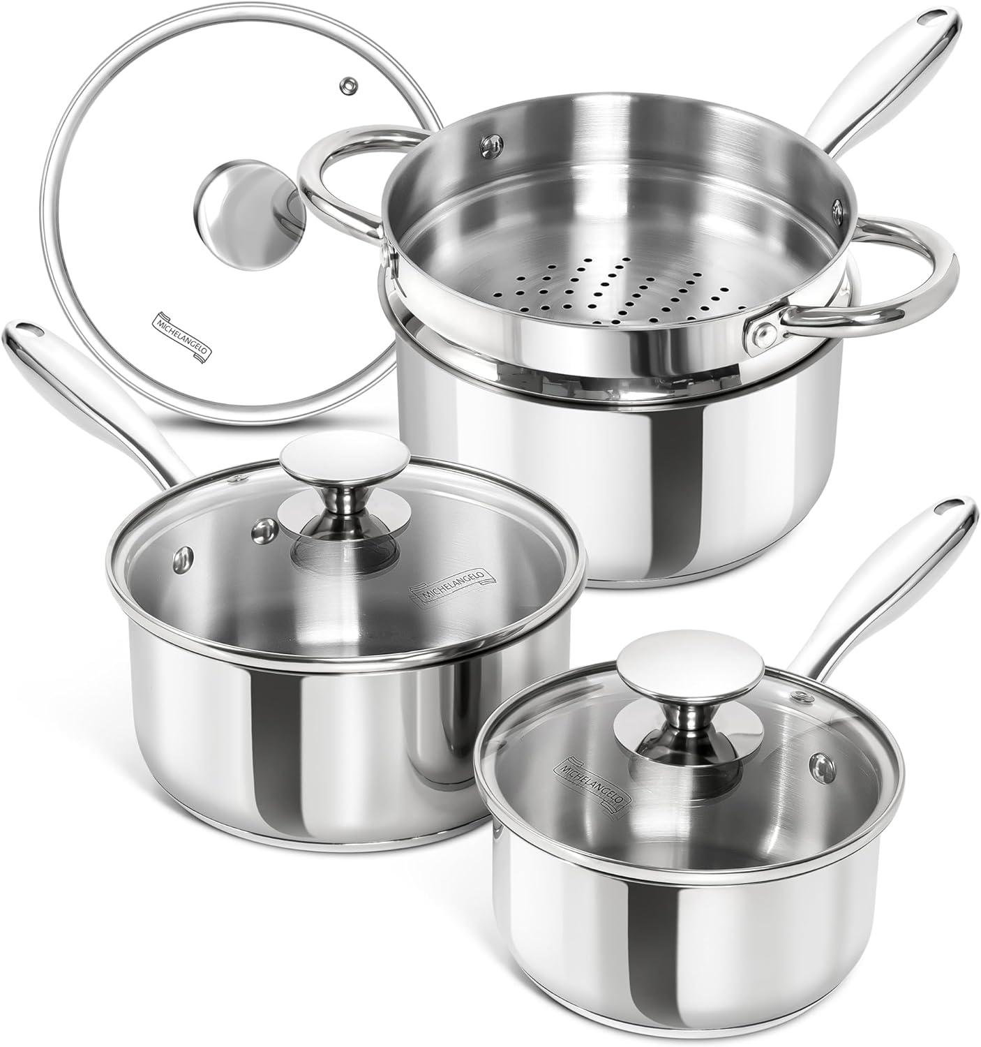 image:imageMICHELANGELO Stainless Steel Pot Set with Lids 1QT amp 2QT amp 3QT Stainless Steel Saucepan Set 6pcs 1810 Induction Saucepans Induction Compatible Dishwasher SafeTriPly Bottom