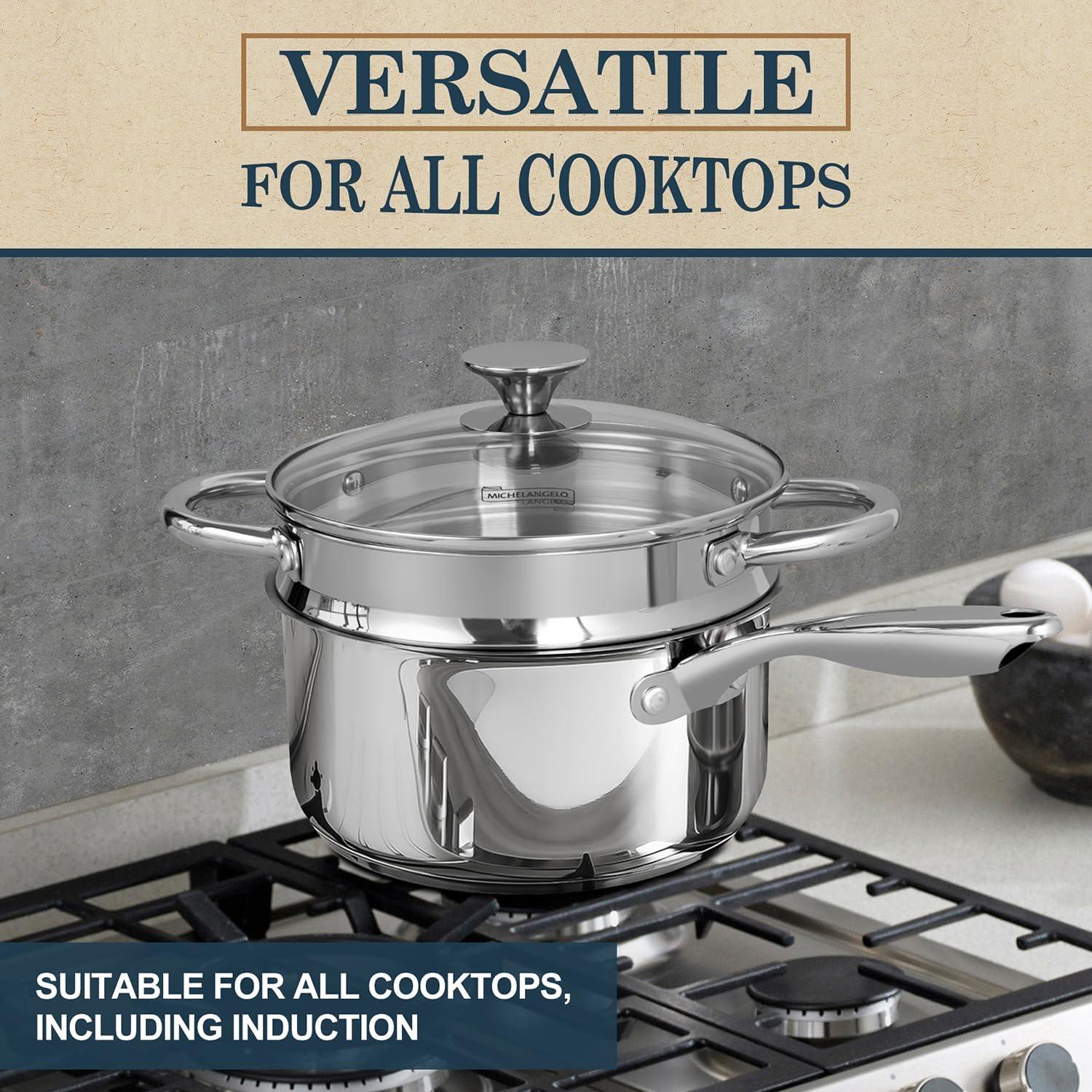 image:imageMICHELANGELO Stainless Steel Pot Set with Lids 1QT amp 2QT amp 3QT Stainless Steel Saucepan Set 6pcs 1810 Induction Saucepans Induction Compatible Dishwasher SafeTriPly Bottom