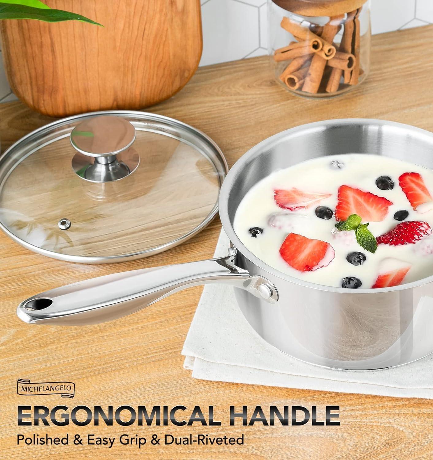 image:imageMICHELANGELO Stainless Steel Pot Set with Lids 1QT amp 2QT amp 3QT Stainless Steel Saucepan Set 6pcs 1810 Induction Saucepans Induction Compatible Dishwasher SafeFull TriPly