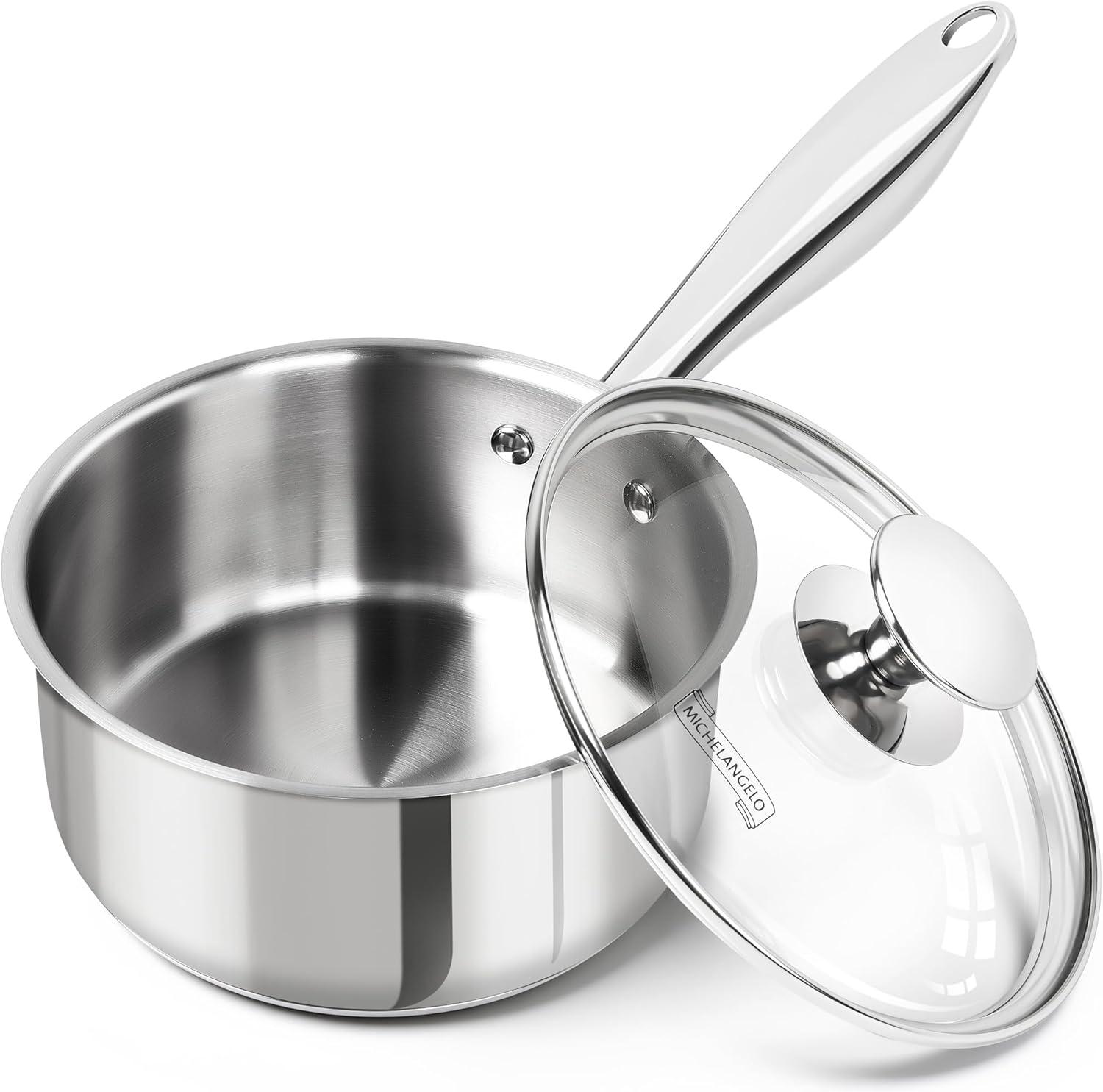image:imageMICHELANGELO Stainless Steel Pot Set with Lids 1QT amp 2QT amp 3QT Stainless Steel Saucepan Set 6pcs 1810 Induction Saucepans Induction Compatible Dishwasher SafeTriPly Bottom