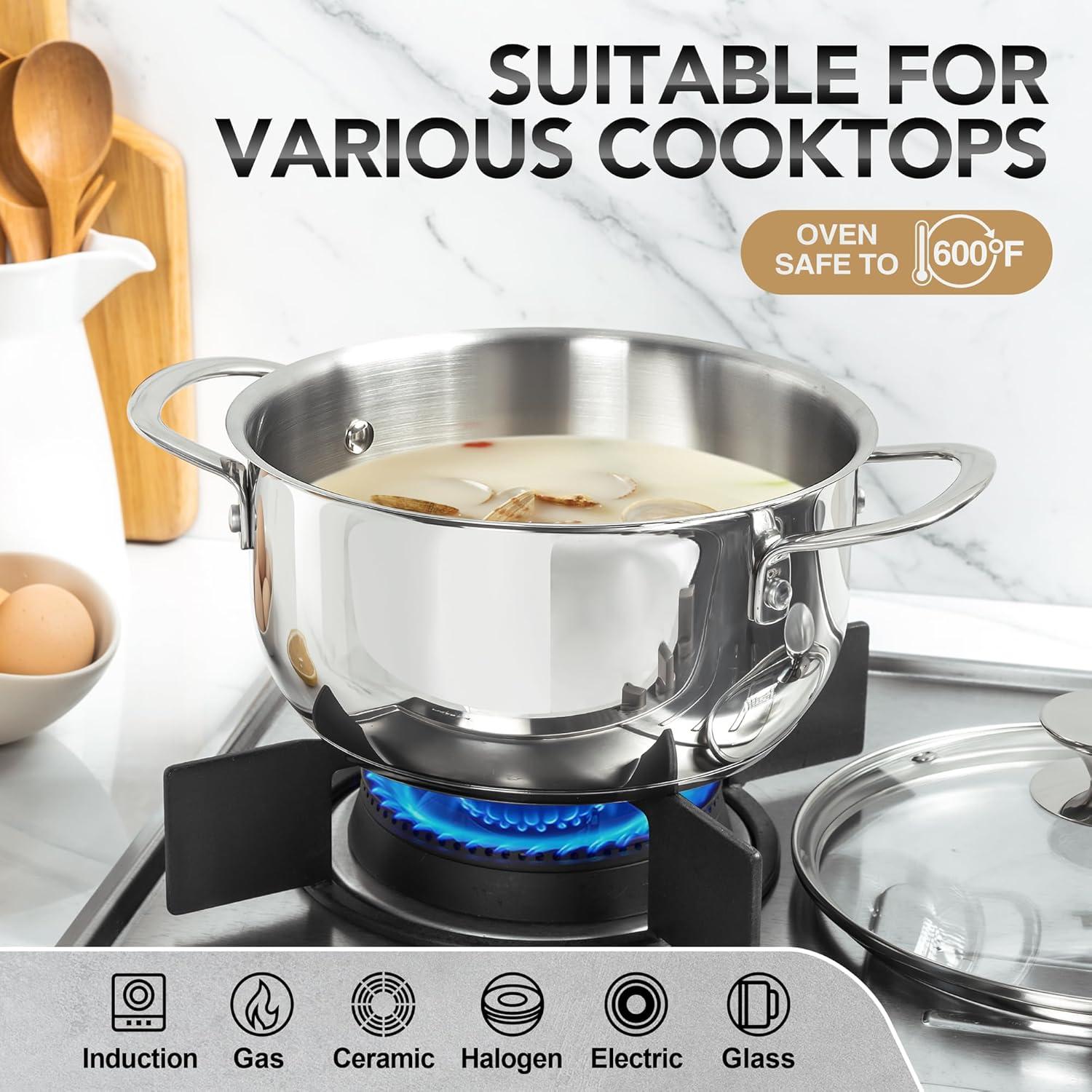 image:imageMICHELANGELO Stainless Steel Pot Set with Lids 1QT amp 2QT amp 3QT Stainless Steel Saucepan Set 6pcs 1810 Induction Saucepans Induction Compatible Dishwasher SafeTriPly Bottom