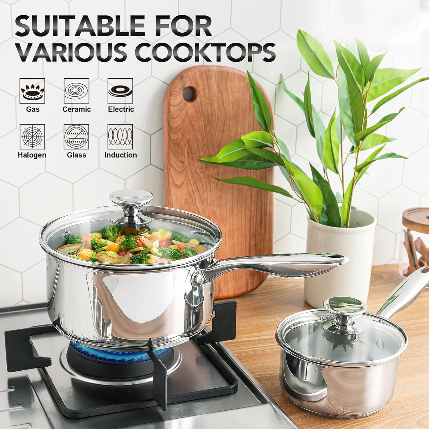 image:imageMICHELANGELO Stainless Steel Pot Set with Lids 1QT amp 2QT amp 3QT Stainless Steel Saucepan Set 6pcs 1810 Induction Saucepans Induction Compatible Dishwasher SafeTriPly Bottom