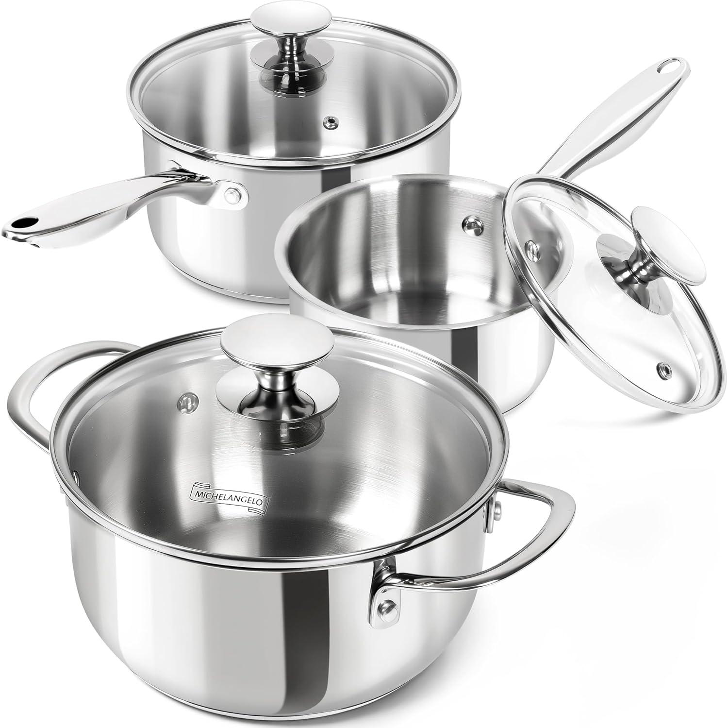image:imageMICHELANGELO Stainless Steel Pot Set with Lids 1QT amp 2QT amp 3QT Stainless Steel Saucepan Set 6pcs 1810 Induction Saucepans Induction Compatible Dishwasher SafeTriPly Bottom
