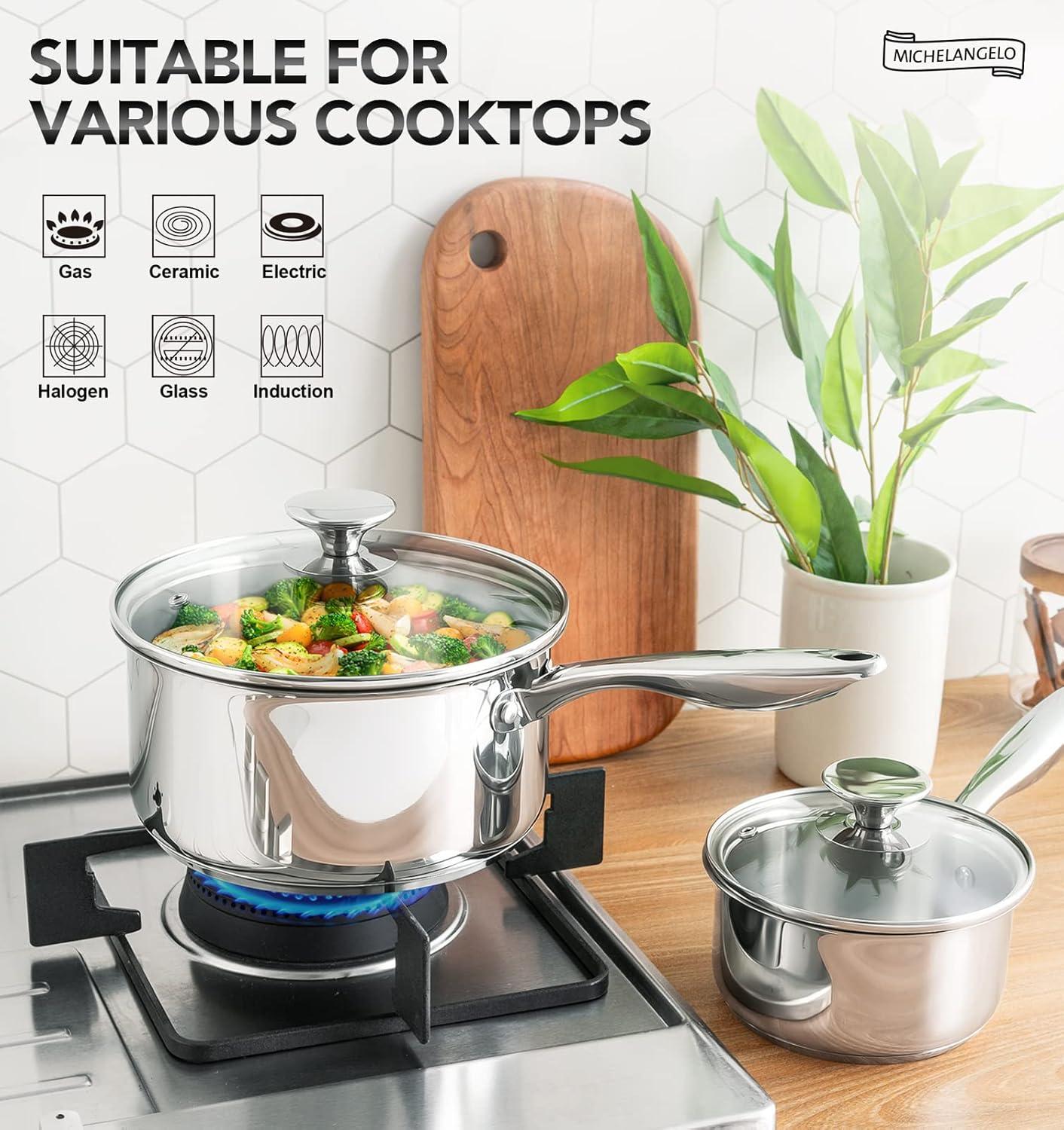 image:imageMICHELANGELO Stainless Steel Pot Set with Lids 1QT amp 2QT amp 3QT Stainless Steel Saucepan Set 6pcs 1810 Induction Saucepans Induction Compatible Dishwasher SafeFull TriPly