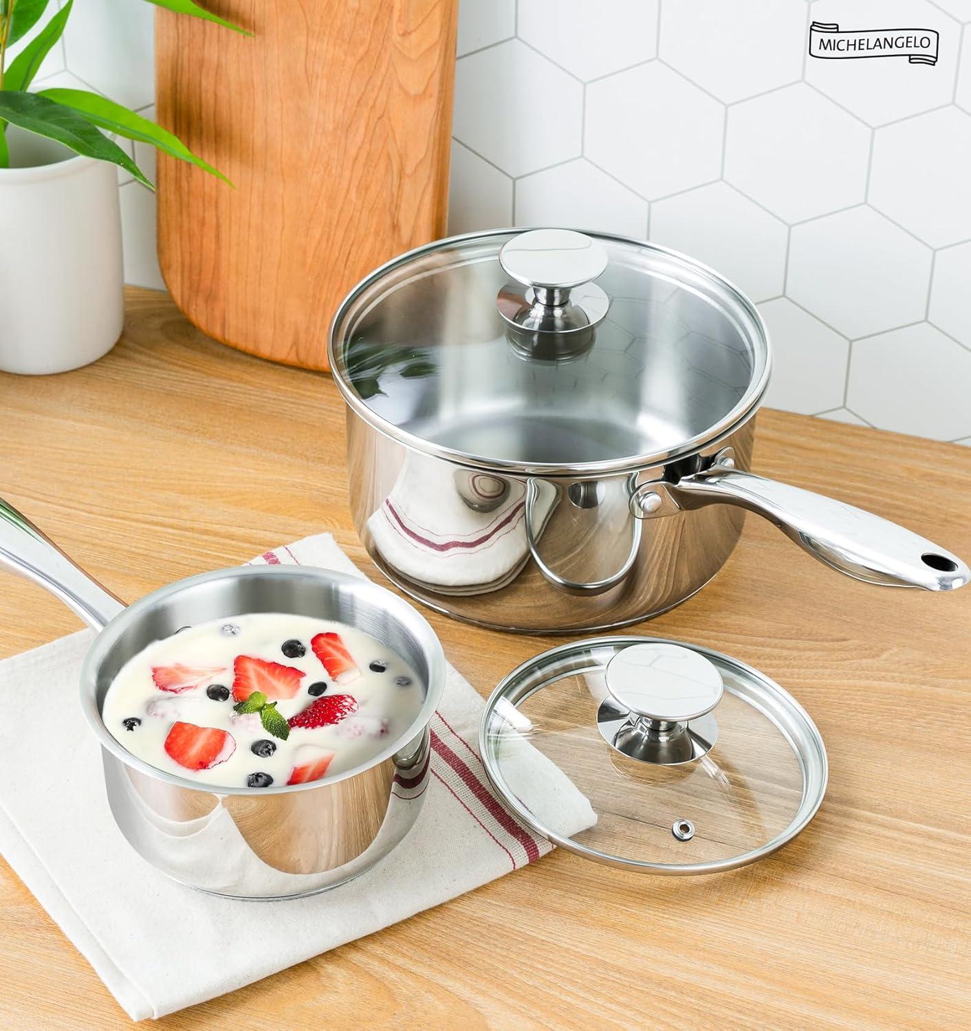 image:imageMICHELANGELO Stainless Steel Pot Set with Lids 1QT amp 2QT amp 3QT Stainless Steel Saucepan Set 6pcs 1810 Induction Saucepans Induction Compatible Dishwasher SafeFull TriPly