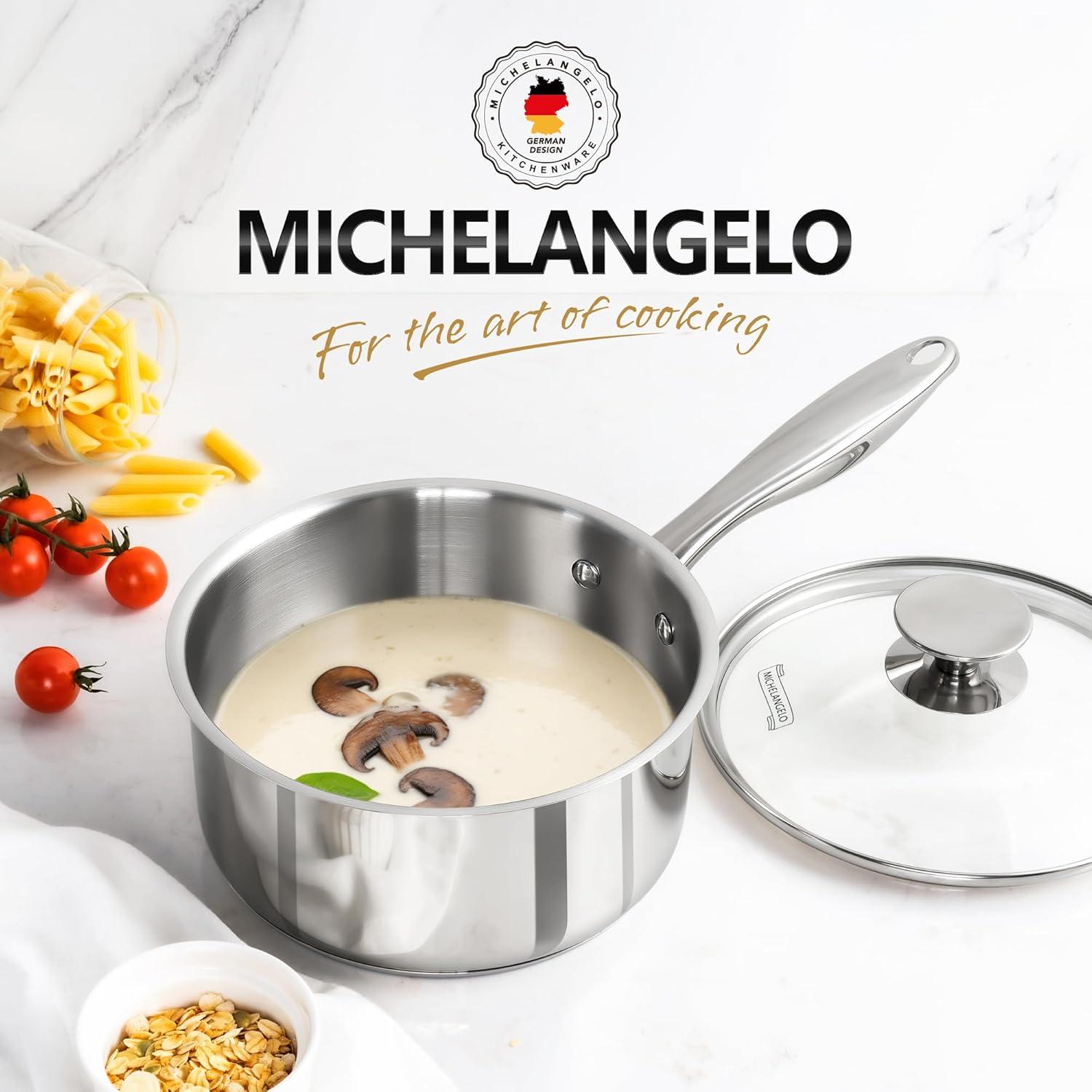 image:imageMICHELANGELO Stainless Steel Pot Set with Lids 1QT amp 2QT amp 3QT Stainless Steel Saucepan Set 6pcs 1810 Induction Saucepans Induction Compatible Dishwasher SafeTriPly Bottom