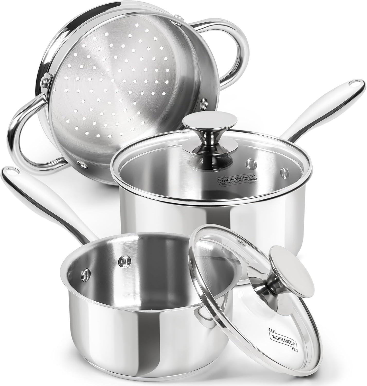image:imageMICHELANGELO Stainless Steel Pot Set with Lids 1QT amp 2QT amp 3QT Stainless Steel Saucepan Set 6pcs 1810 Induction Saucepans Induction Compatible Dishwasher SafeTriPly Bottom