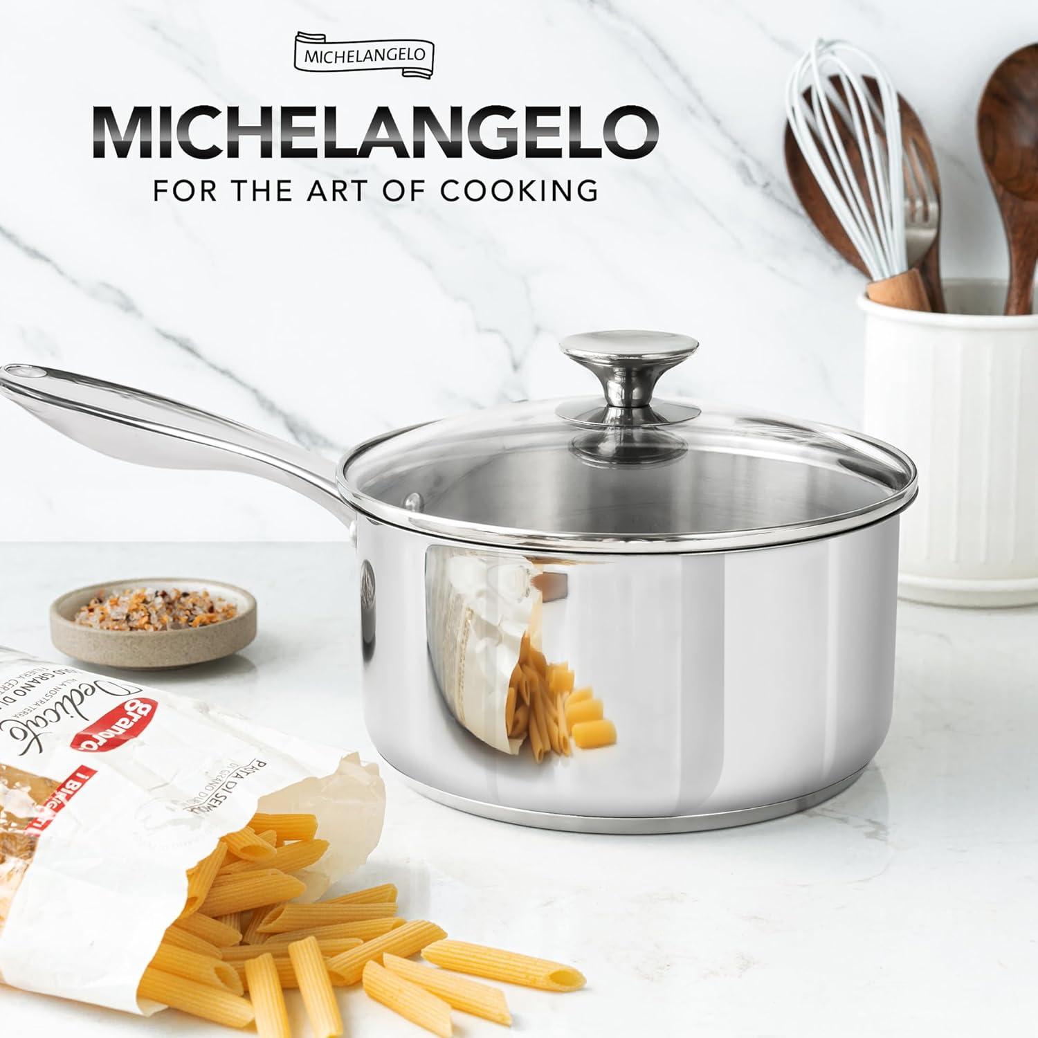 image:imageMICHELANGELO Stainless Steel Pot Set with Lids 1QT amp 2QT amp 3QT Stainless Steel Saucepan Set 6pcs 1810 Induction Saucepans Induction Compatible Dishwasher SafeTriPly Bottom