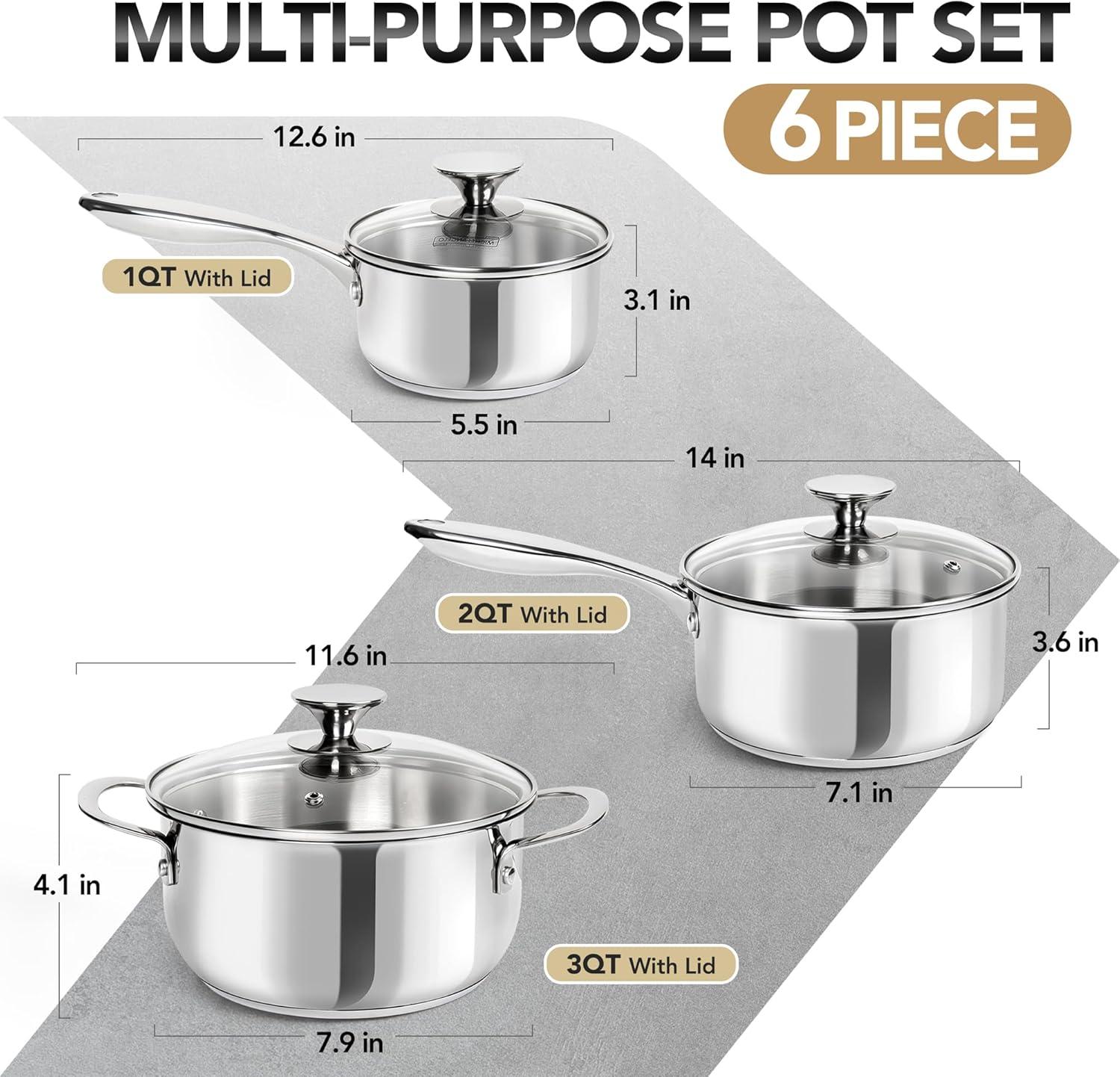 image:imageMICHELANGELO Stainless Steel Pot Set with Lids 1QT amp 2QT amp 3QT Stainless Steel Saucepan Set 6pcs 1810 Induction Saucepans Induction Compatible Dishwasher SafeTriPly Bottom