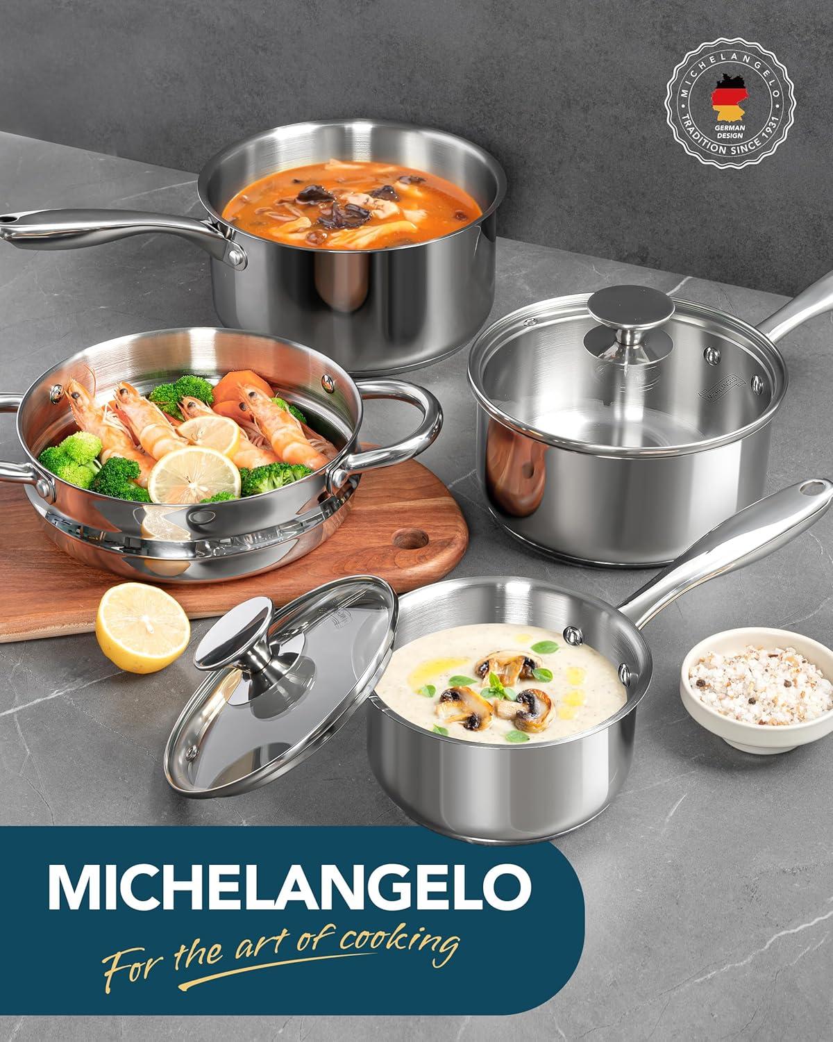 image:imageMICHELANGELO Stainless Steel Pot Set with Lids 1QT amp 2QT amp 3QT Stainless Steel Saucepan Set 6pcs 1810 Induction Saucepans Induction Compatible Dishwasher SafeTriPly Bottom