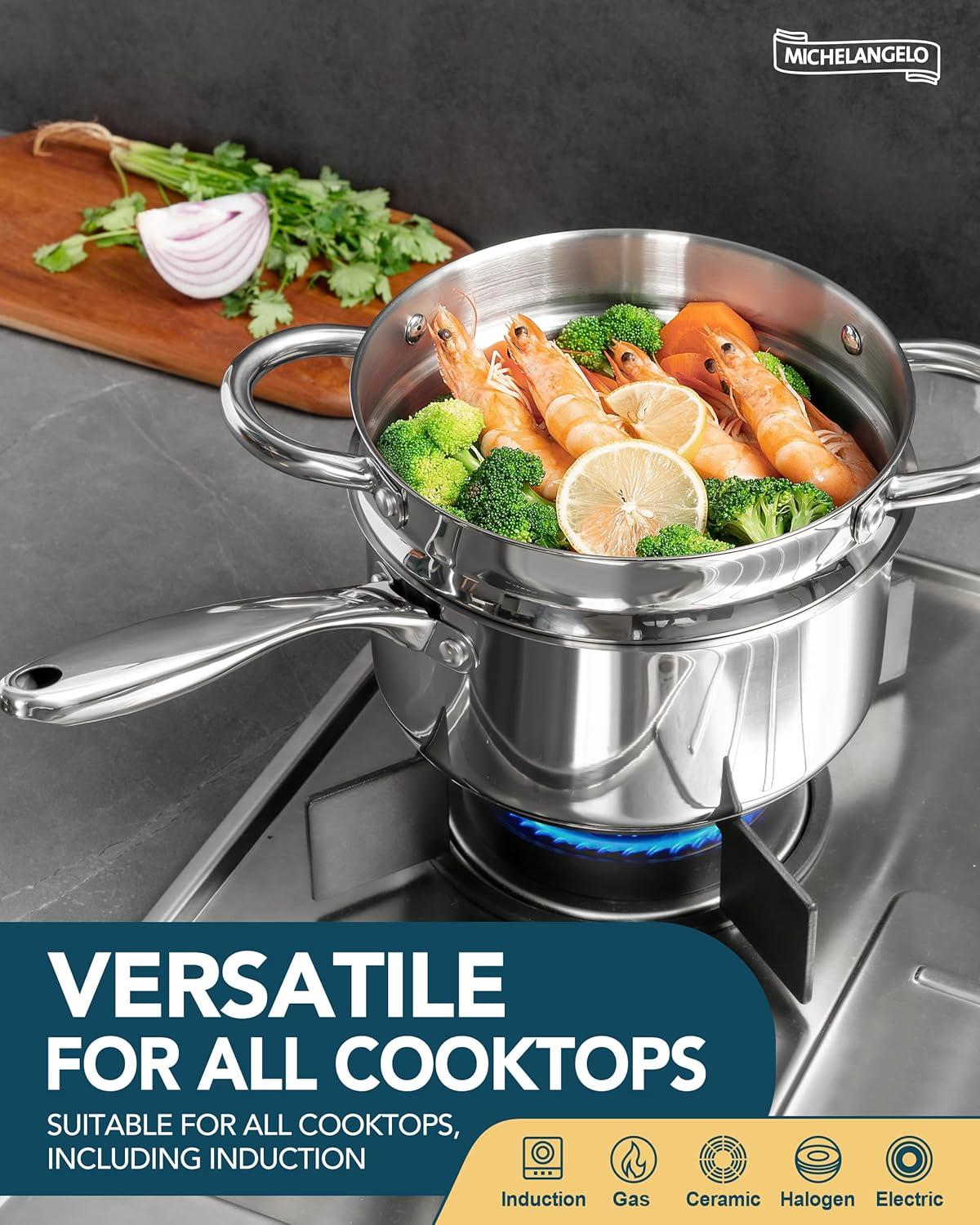 image:imageMICHELANGELO Stainless Steel Pot Set with Lids 1QT amp 2QT amp 3QT Stainless Steel Saucepan Set 6pcs 1810 Induction Saucepans Induction Compatible Dishwasher SafeTriPly Bottom