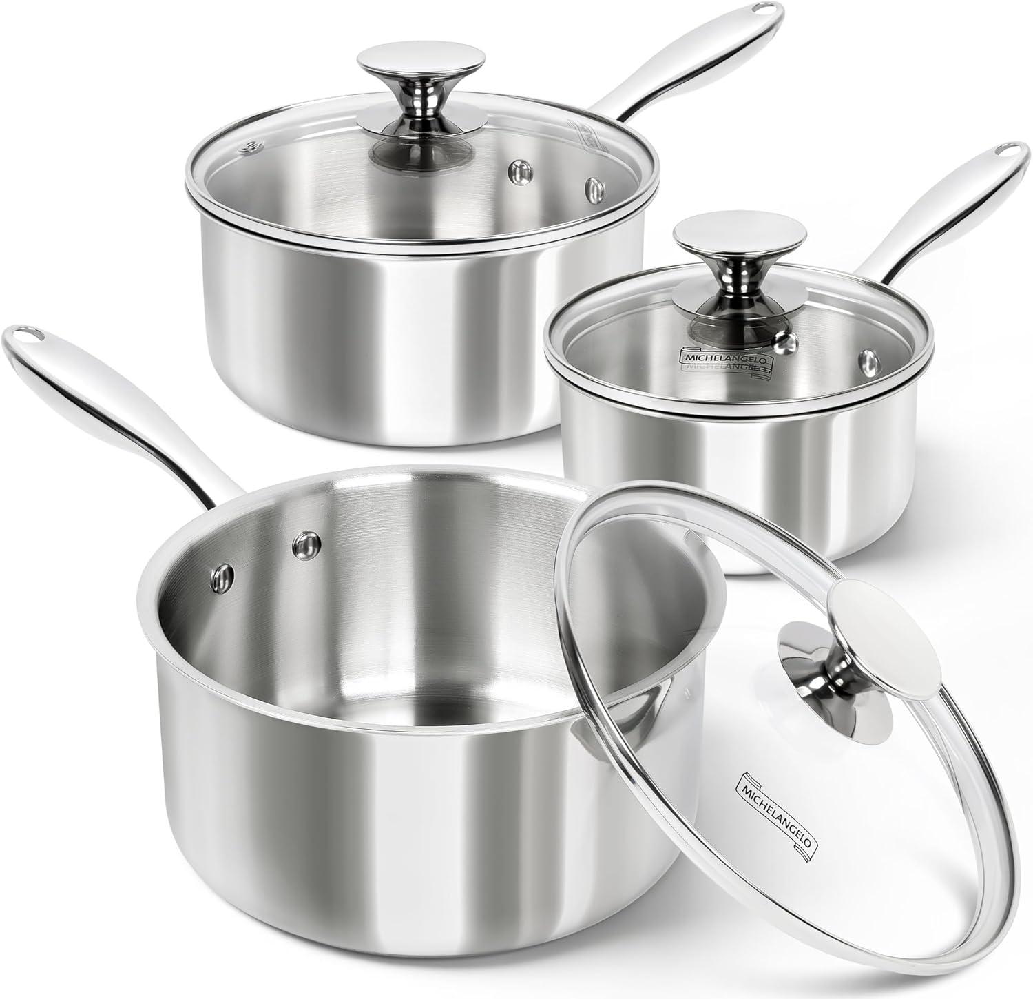 image:imageMICHELANGELO Stainless Steel Pot Set with Lids 1QT amp 2QT amp 3QT Stainless Steel Saucepan Set 6pcs 1810 Induction Saucepans Induction Compatible Dishwasher SafeFull TriPly