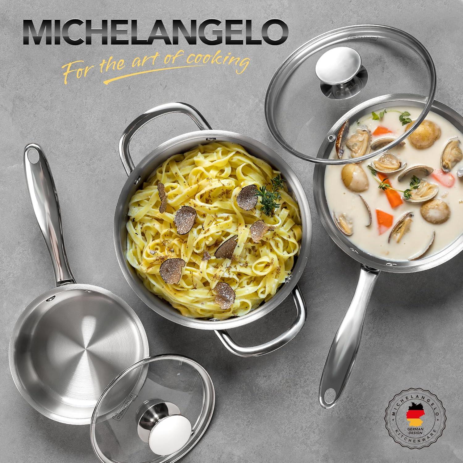 image:imageMICHELANGELO Stainless Steel Pot Set with Lids 1QT amp 2QT amp 3QT Stainless Steel Saucepan Set 6pcs 1810 Induction Saucepans Induction Compatible Dishwasher SafeTriPly Bottom