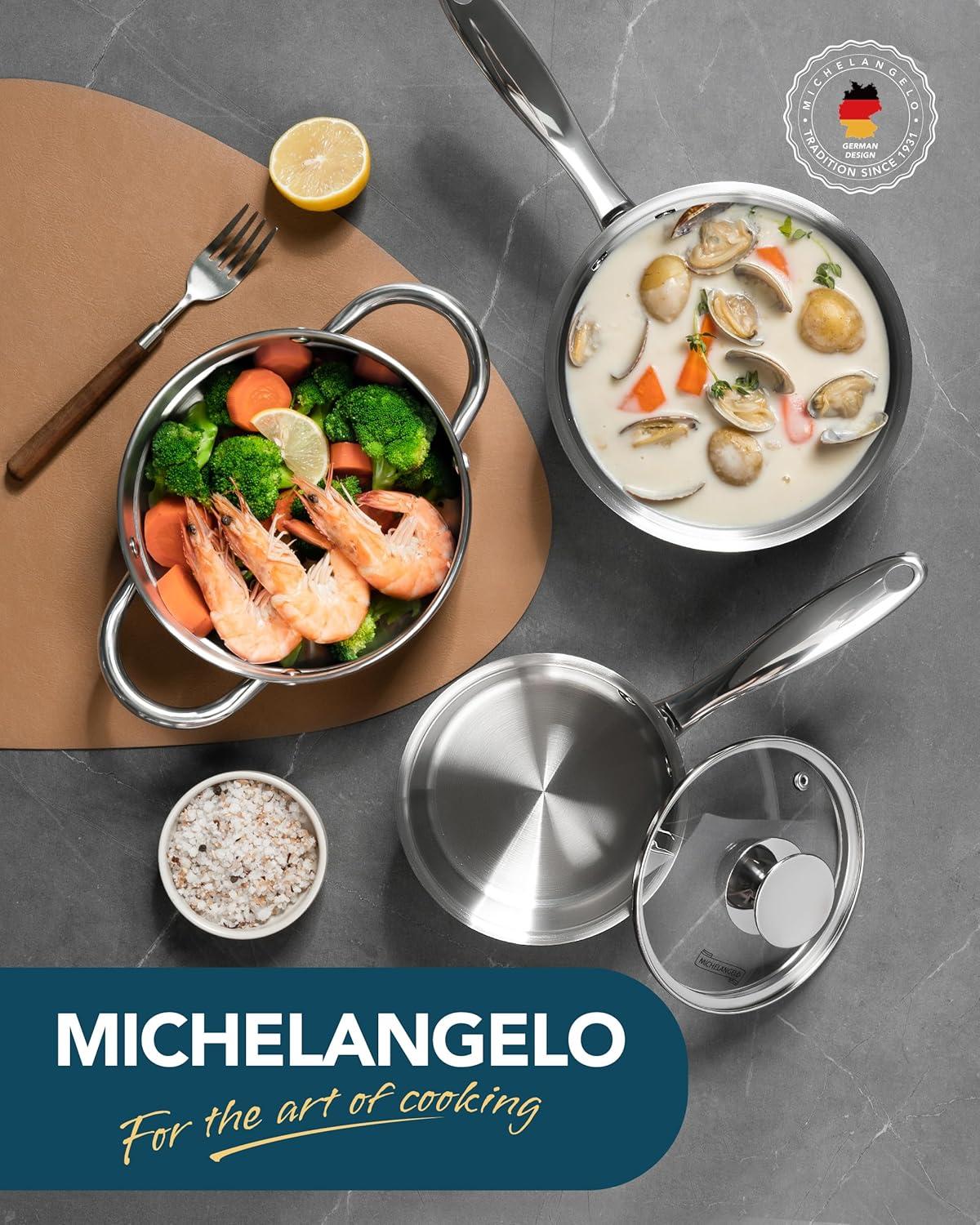 image:imageMICHELANGELO Stainless Steel Pot Set with Lids 1QT amp 2QT amp 3QT Stainless Steel Saucepan Set 6pcs 1810 Induction Saucepans Induction Compatible Dishwasher SafeTriPly Bottom