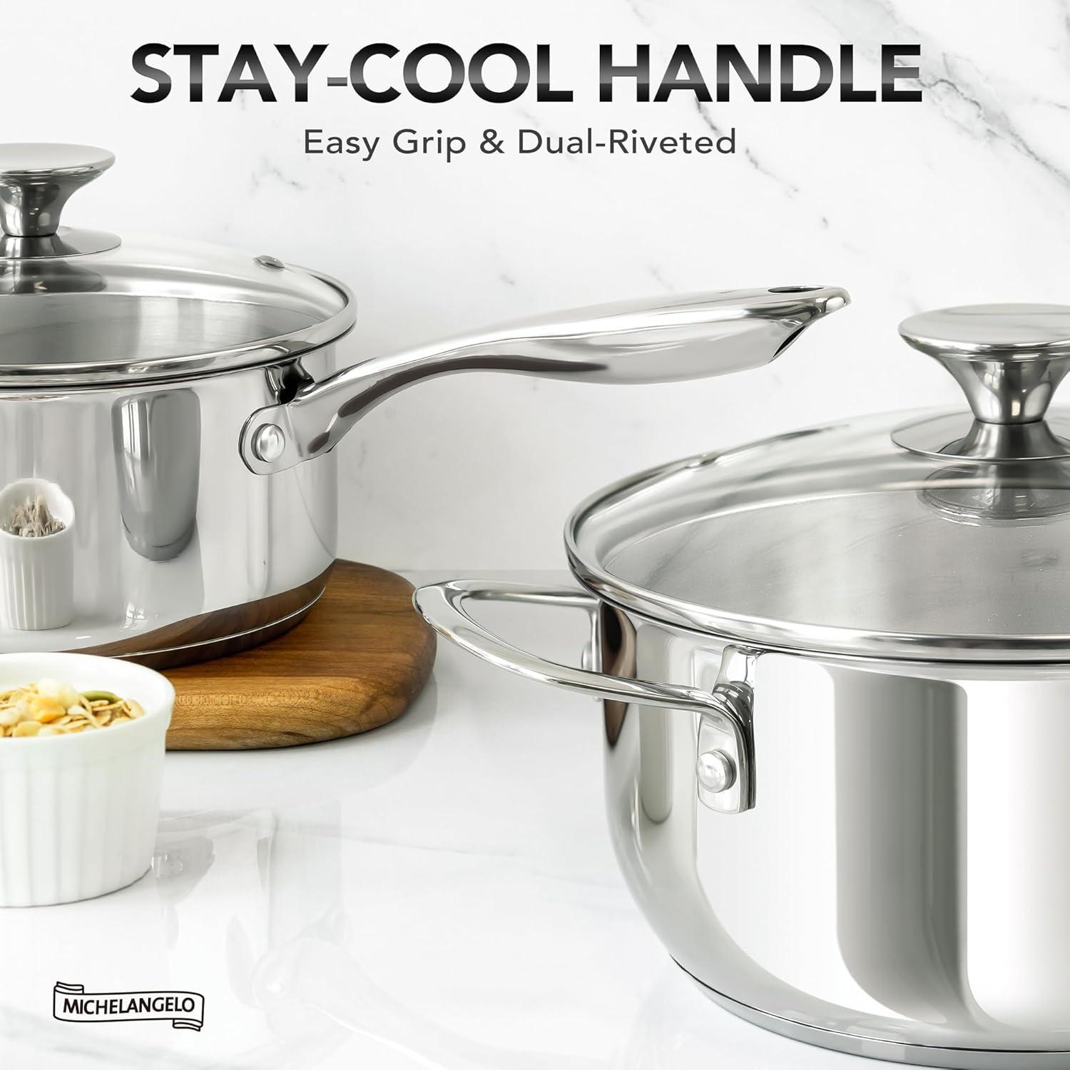 image:imageMICHELANGELO Stainless Steel Pot Set with Lids 1QT amp 2QT amp 3QT Stainless Steel Saucepan Set 6pcs 1810 Induction Saucepans Induction Compatible Dishwasher SafeTriPly Bottom