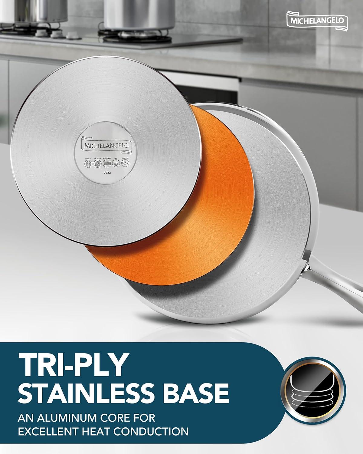 image:imageMICHELANGELO Stainless Steel Pot Set with Lids 1QT amp 2QT amp 3QT Stainless Steel Saucepan Set 6pcs 1810 Induction Saucepans Induction Compatible Dishwasher SafeTriPly Bottom