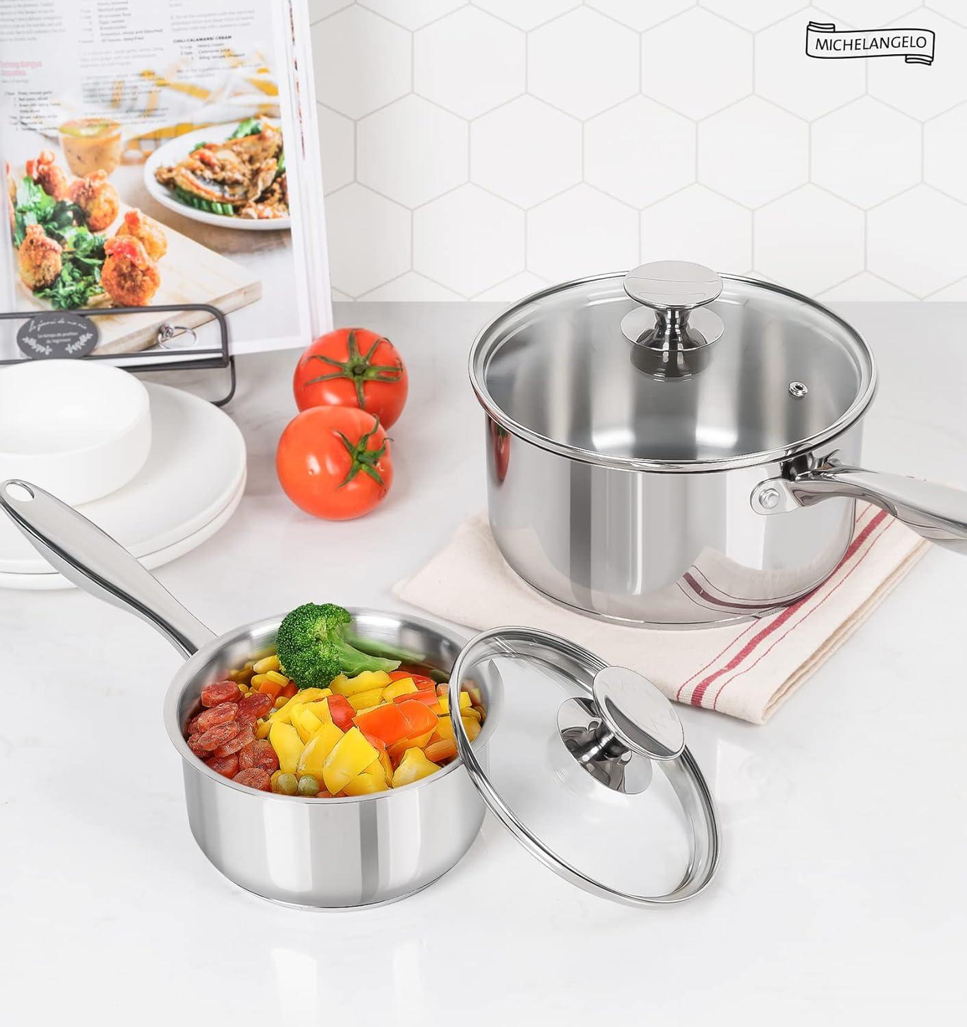 image:imageMICHELANGELO Stainless Steel Pot Set with Lids 1QT amp 2QT amp 3QT Stainless Steel Saucepan Set 6pcs 1810 Induction Saucepans Induction Compatible Dishwasher SafeTriPly Bottom