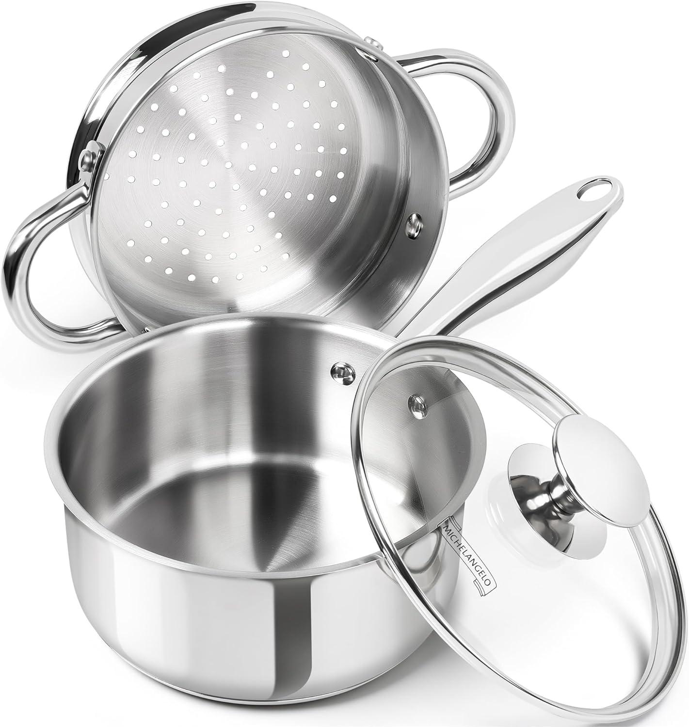 image:imageMICHELANGELO Stainless Steel Pot Set with Lids 1QT amp 2QT amp 3QT Stainless Steel Saucepan Set 6pcs 1810 Induction Saucepans Induction Compatible Dishwasher SafeTriPly Bottom