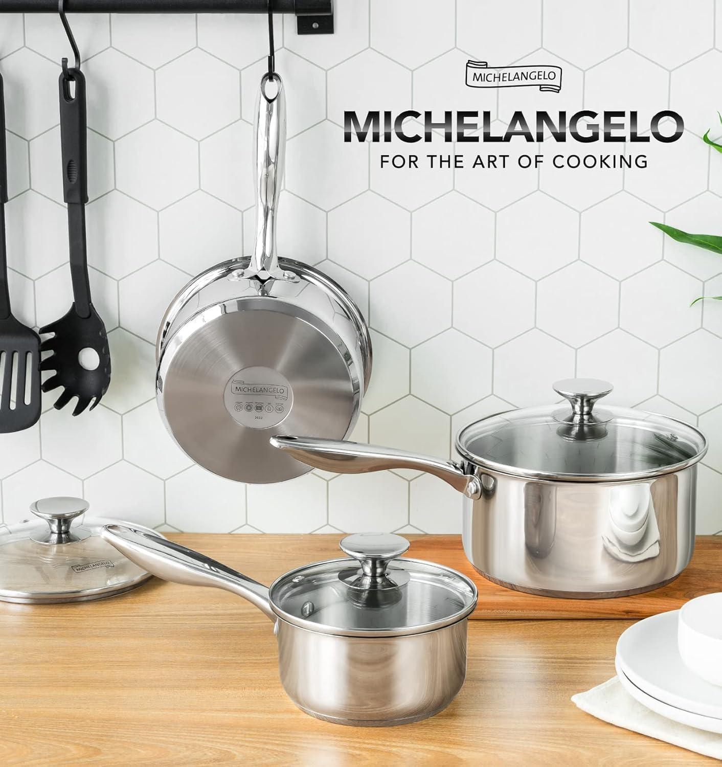 image:imageMICHELANGELO Stainless Steel Pot Set with Lids 1QT amp 2QT amp 3QT Stainless Steel Saucepan Set 6pcs 1810 Induction Saucepans Induction Compatible Dishwasher SafeFull TriPly