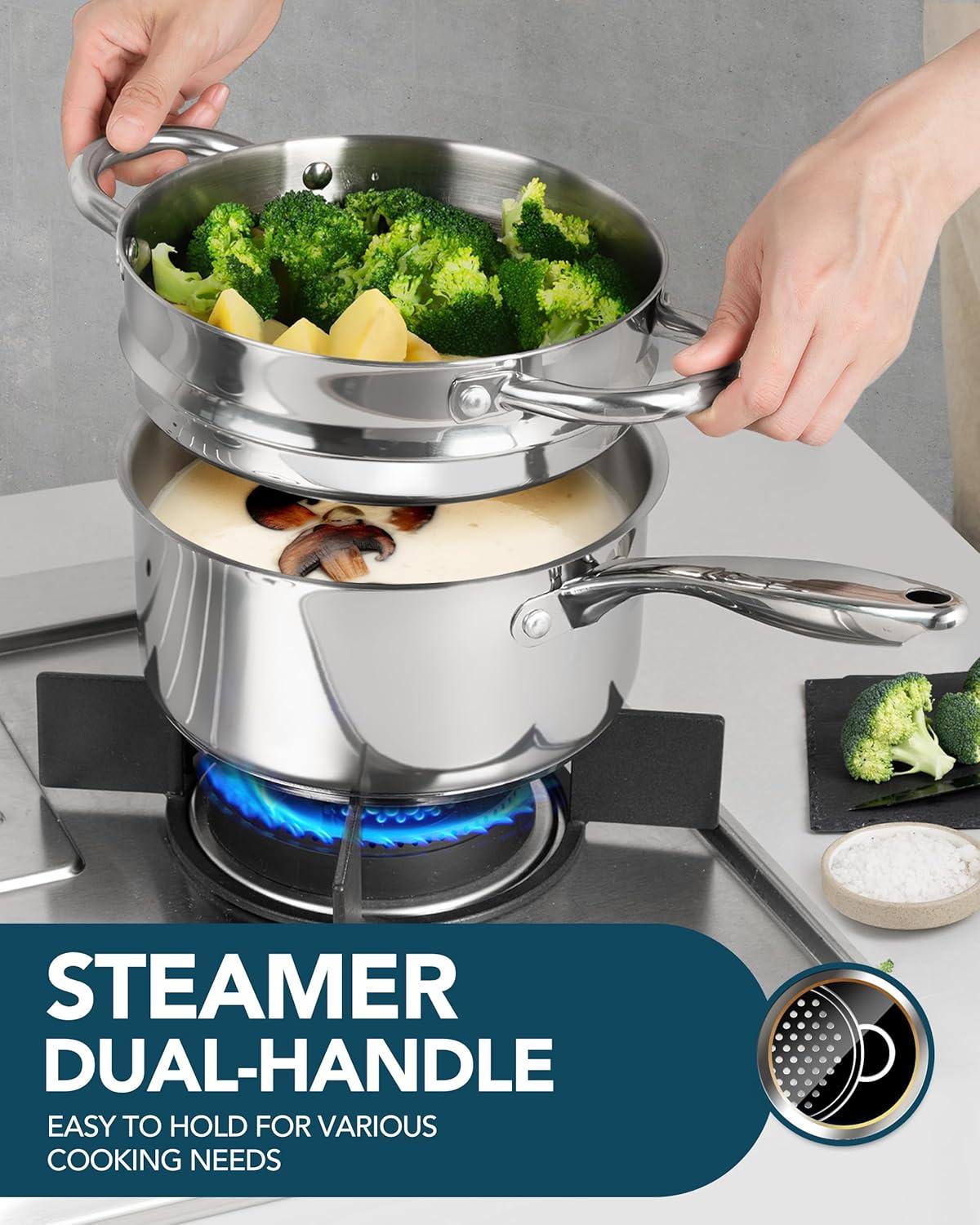 image:imageMICHELANGELO Stainless Steel Pot Set with Lids 1QT amp 2QT amp 3QT Stainless Steel Saucepan Set 6pcs 1810 Induction Saucepans Induction Compatible Dishwasher SafeTriPly Bottom