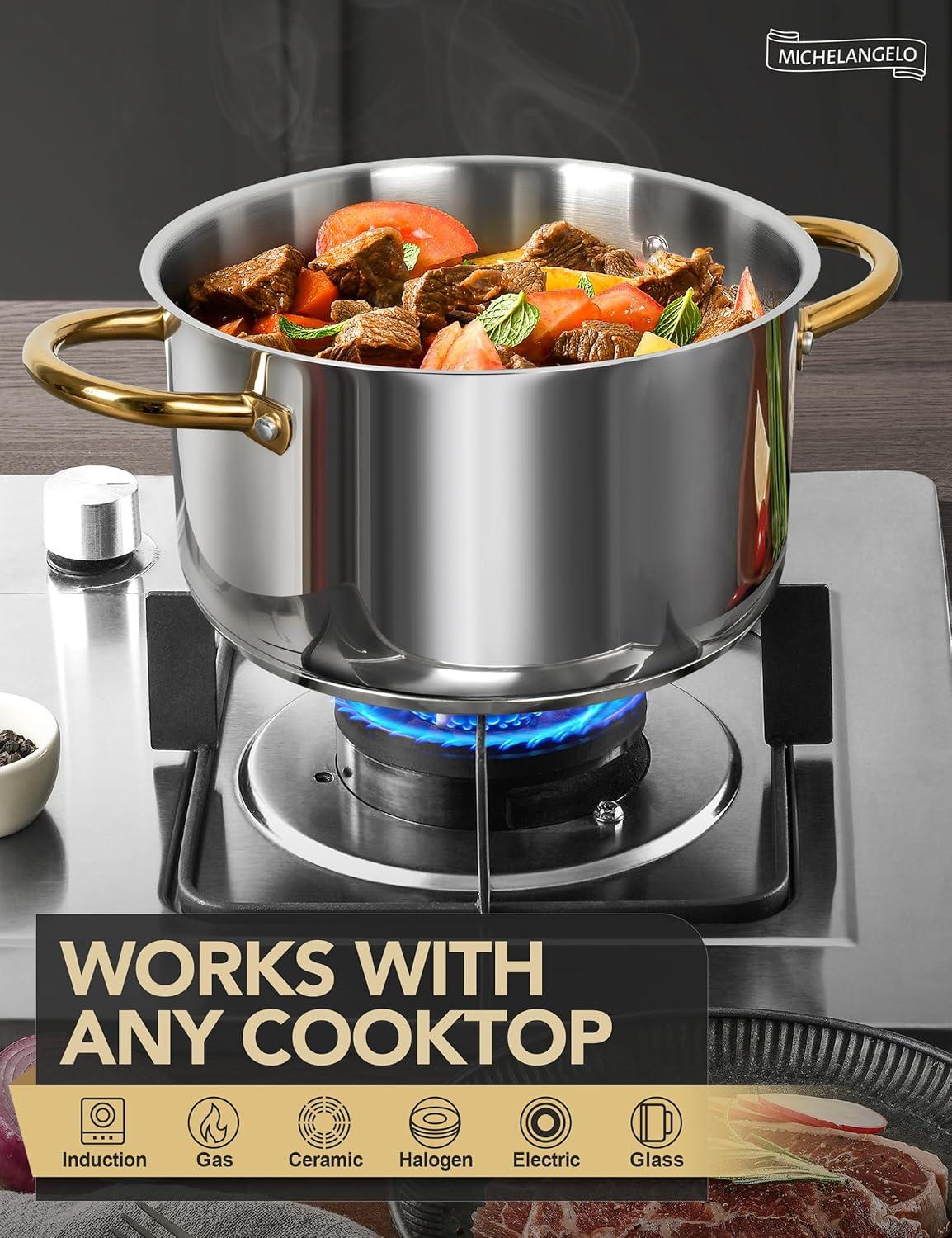 image:imageMICHELANGELO Stainless Steel Pots Large Soup Pot with Lid 10 Quart Stock Pot with Lid Cooking Pots Induction Compatible Oven amp Dishwasher Safe10 Quart