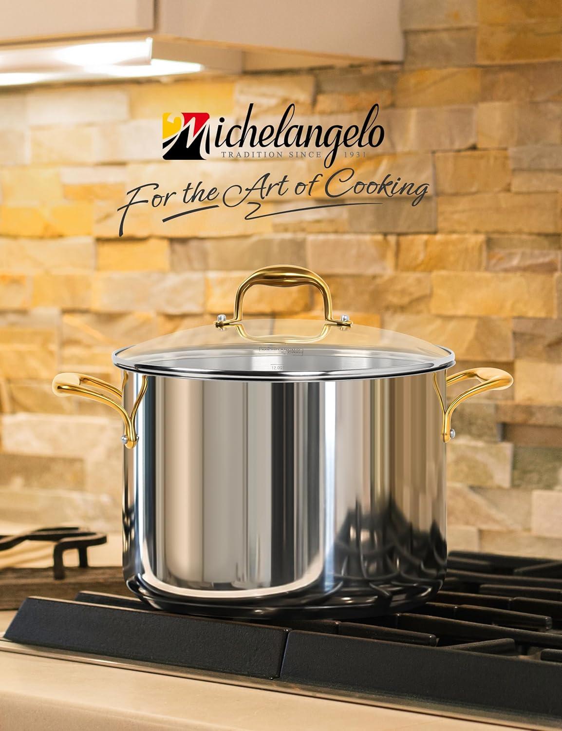 image:imageMICHELANGELO Stainless Steel Pots Large Soup Pot with Lid 10 Quart Stock Pot with Lid Cooking Pots Induction Compatible Oven amp Dishwasher Safe12 Quart