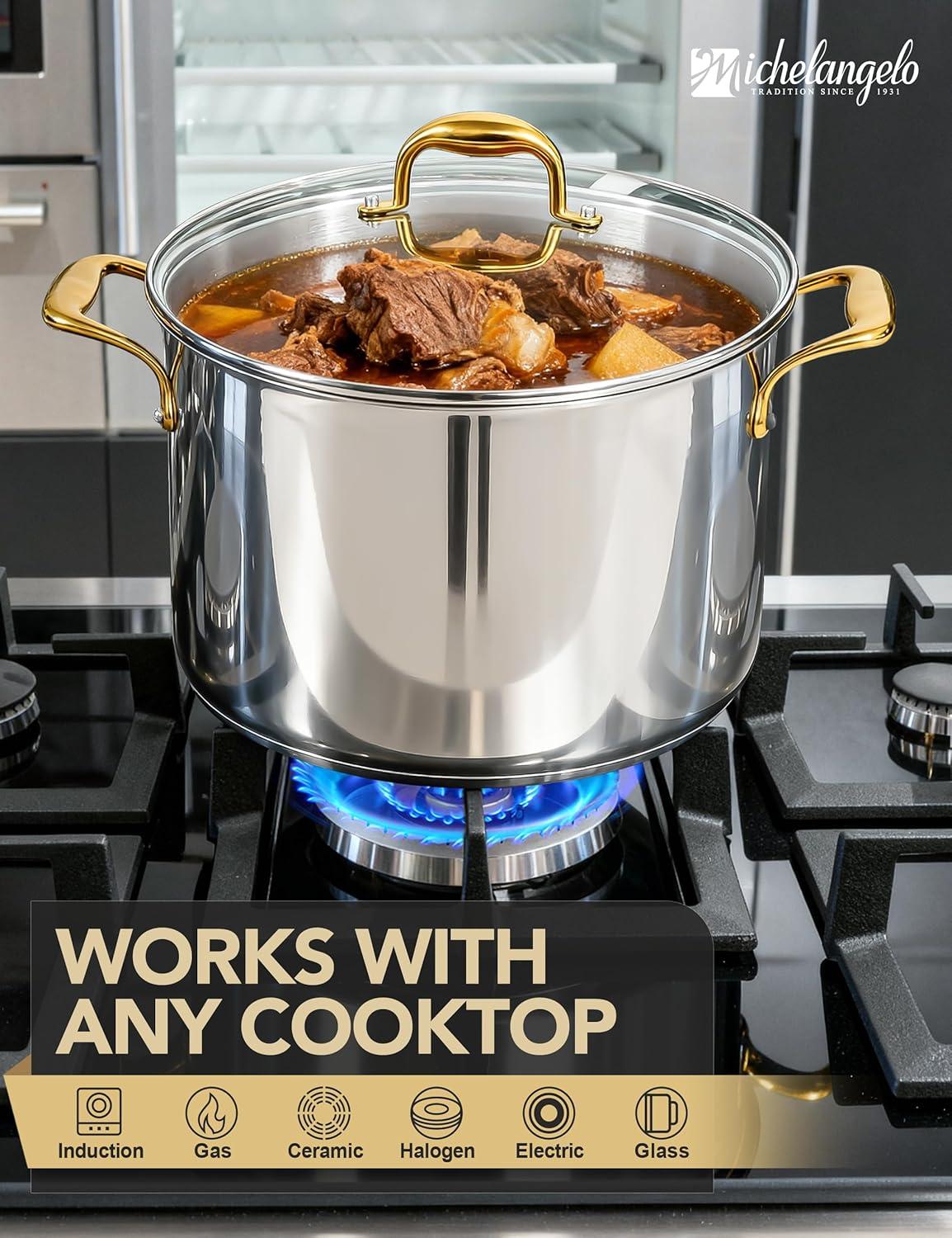 image:imageMICHELANGELO Stainless Steel Pots Large Soup Pot with Lid 10 Quart Stock Pot with Lid Cooking Pots Induction Compatible Oven amp Dishwasher Safe20 Quart