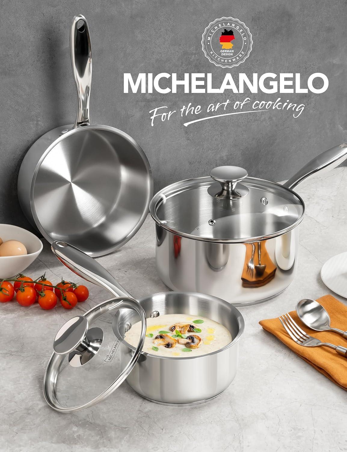 image:imageMICHELANGELO Stainless Steel Sauce Pan Set 1 2 3 Qt Saucepans with Lids Small Stainless Steel Pots for Cooking Induction Compatible Dishwasher amp Oven Safe123 Quart