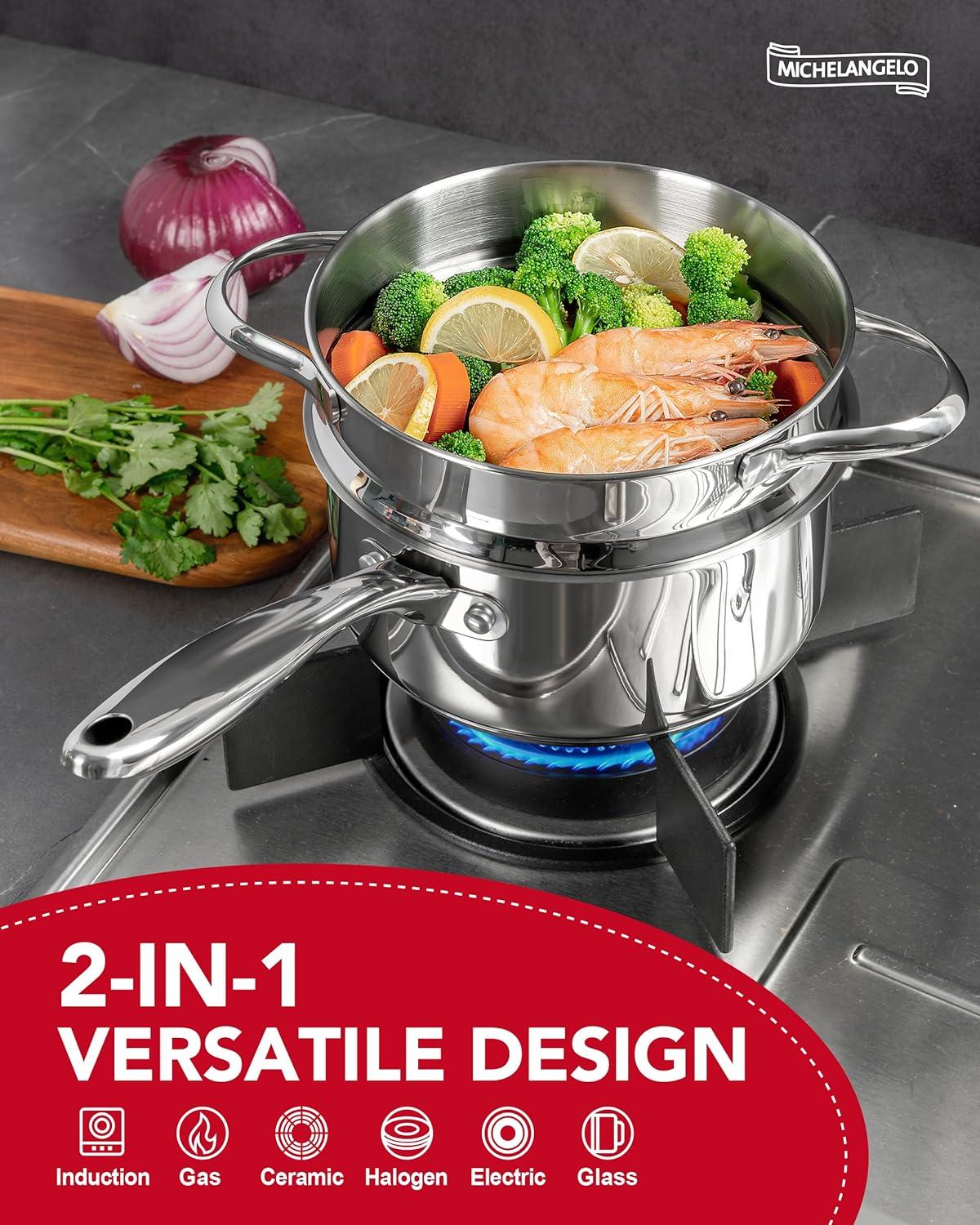 image:imageMICHELANGELO Stainless Steel Sauce Pan Set 1 2 3 Qt Saucepans with Lids Small Stainless Steel Pots for Cooking Induction Compatible Dishwasher amp Oven Safe25 Quart with Steamer