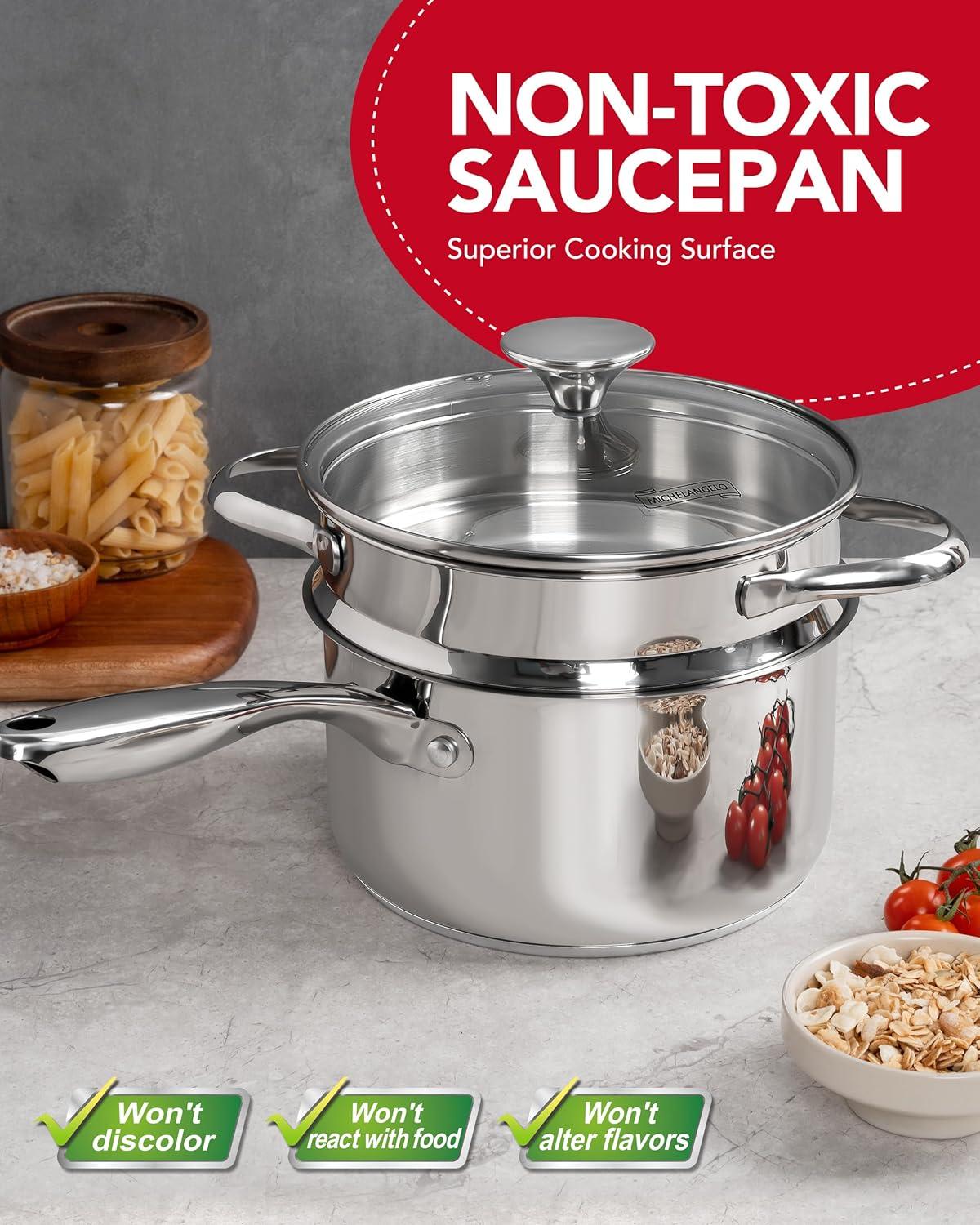 image:imageMICHELANGELO Stainless Steel Sauce Pan Set 1 2 3 Qt Saucepans with Lids Small Stainless Steel Pots for Cooking Induction Compatible Dishwasher amp Oven Safe25 Quart with Steamer