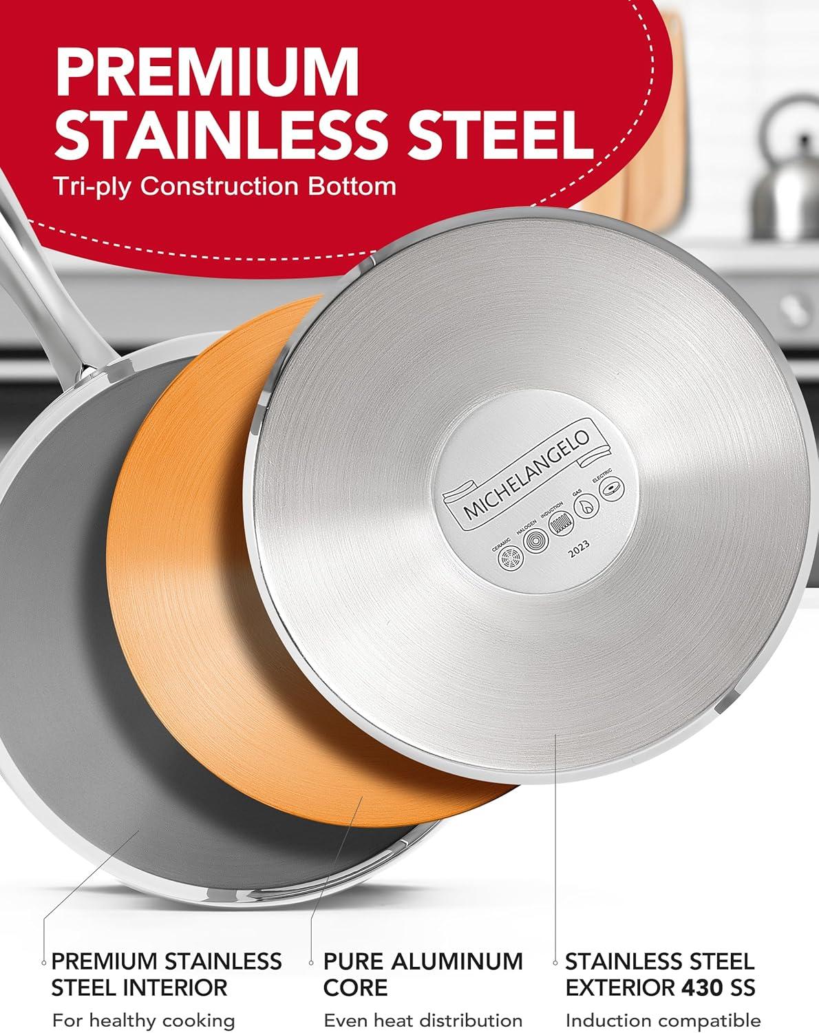 image:imageMICHELANGELO Stainless Steel Sauce Pan Set 1 2 3 Qt Saucepans with Lids Small Stainless Steel Pots for Cooking Induction Compatible Dishwasher amp Oven Safe123 Quart