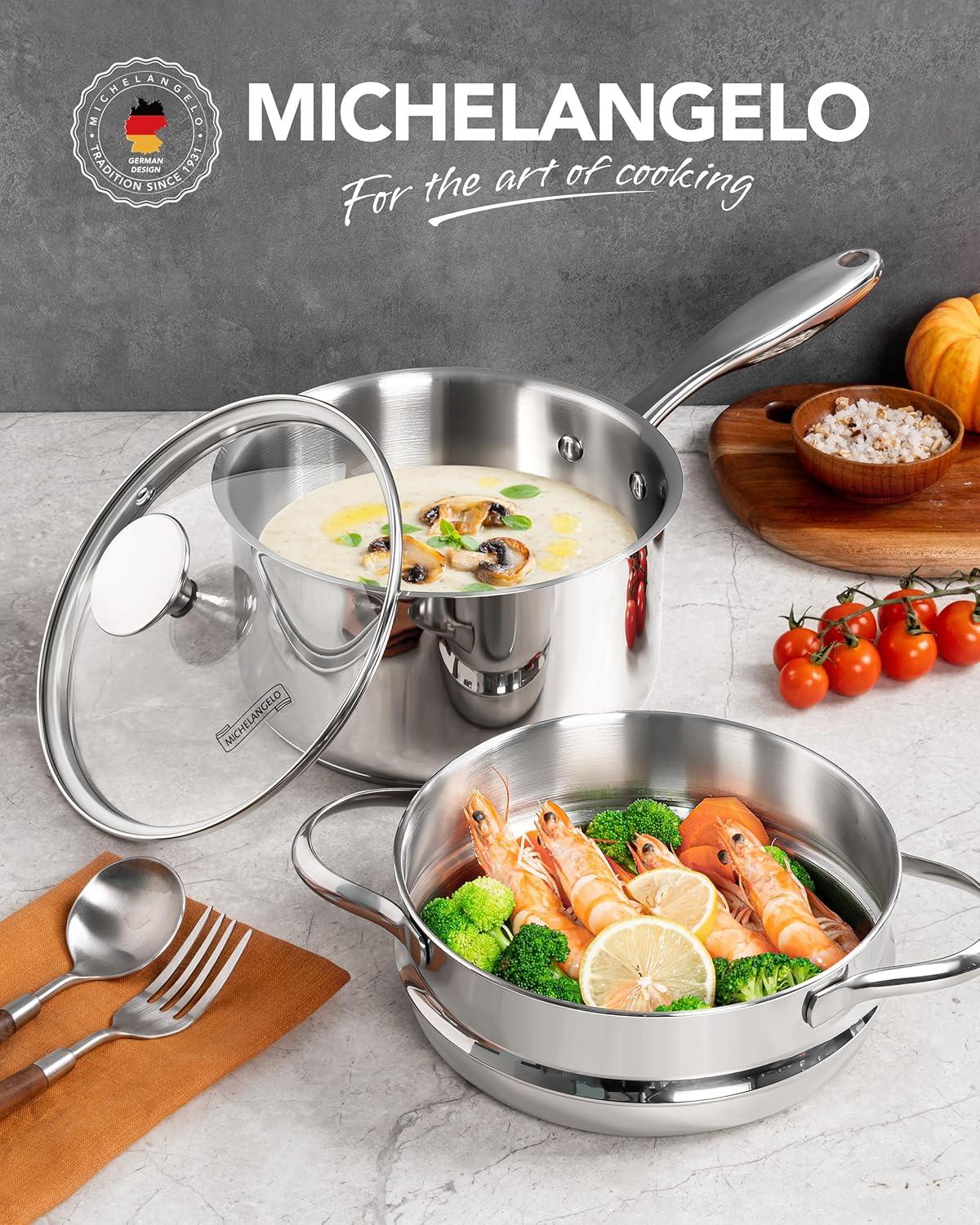 image:imageMICHELANGELO Stainless Steel Sauce Pan Set 1 2 3 Qt Saucepans with Lids Small Stainless Steel Pots for Cooking Induction Compatible Dishwasher amp Oven Safe25 Quart with Steamer