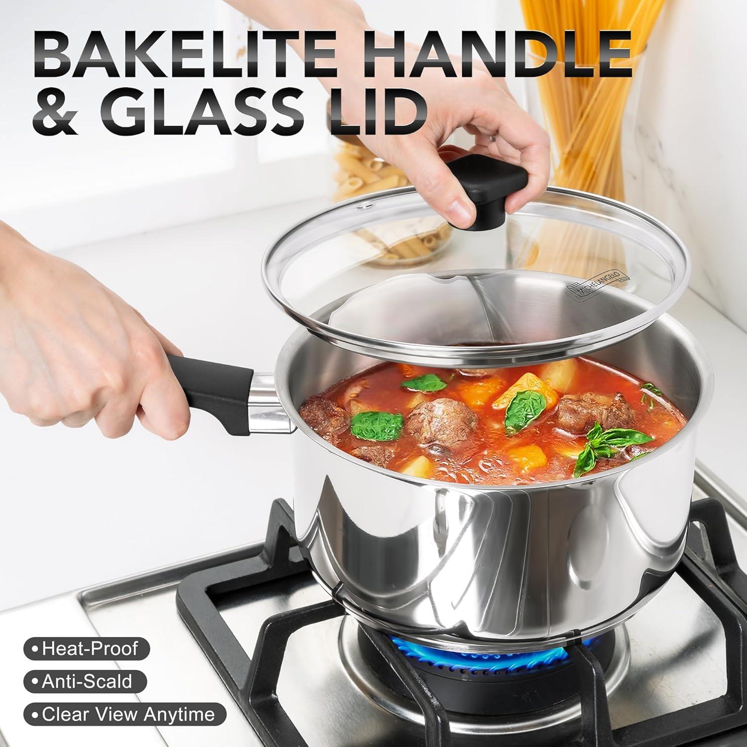 image:imageMICHELANGELO Stainless Steel Sauce Pan with Lid 1QT amp 2QT amp 3QT TriPly Stainless Steel Saucepans with Straight Bakelite Handle amp Square Lid Knob Nonstick Sauce Pans Set Induction Compatible