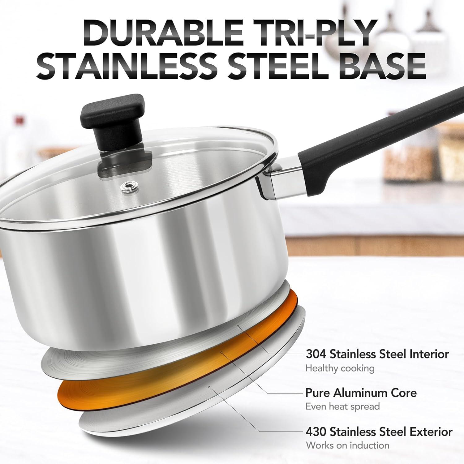 image:imageMICHELANGELO Stainless Steel Sauce Pan with Lid 1QT amp 2QT amp 3QT TriPly Stainless Steel Saucepans with Straight Bakelite Handle amp Square Lid Knob Nonstick Sauce Pans Set Induction Compatible