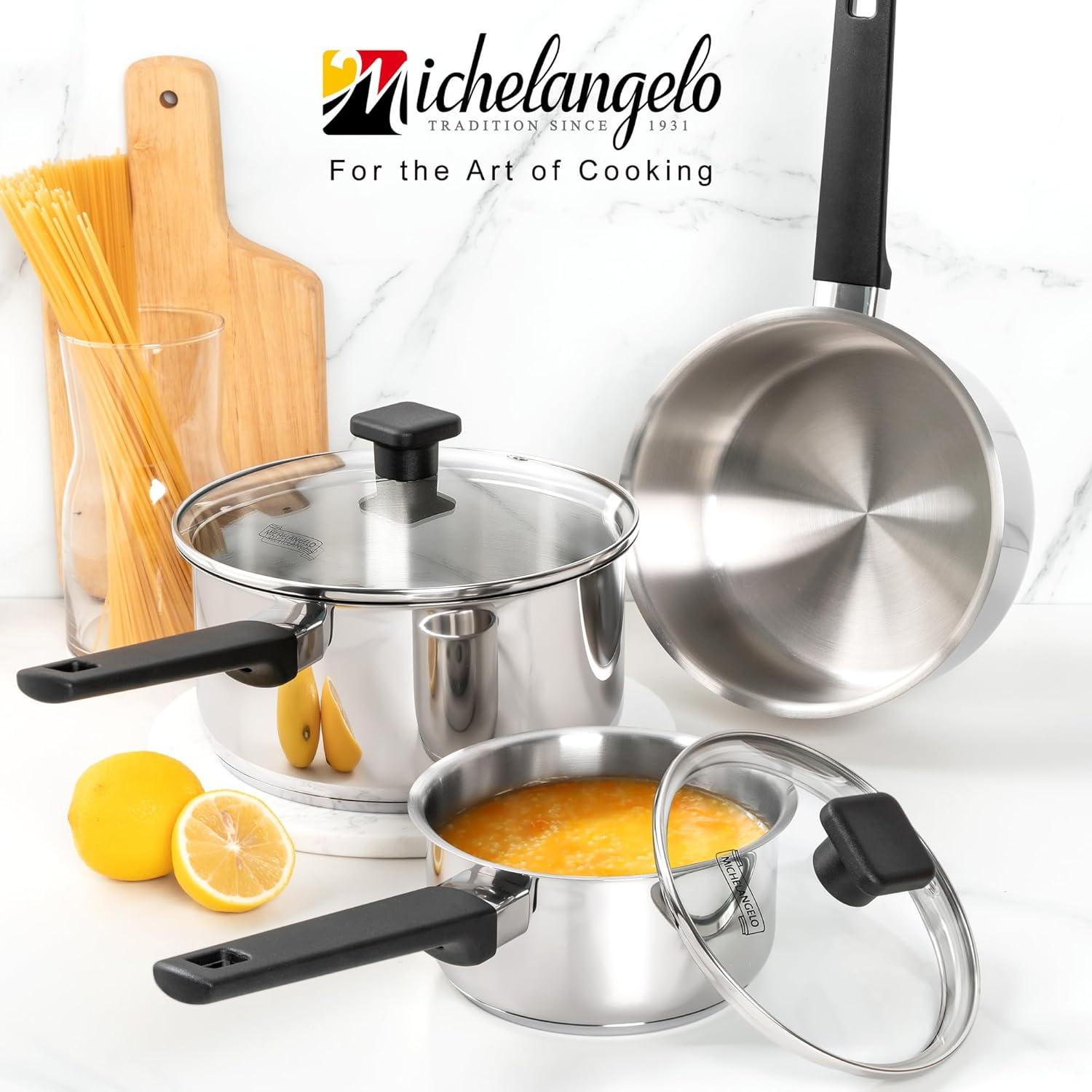 image:imageMICHELANGELO Stainless Steel Sauce Pan with Lid 1QT amp 2QT amp 3QT TriPly Stainless Steel Saucepans with Straight Bakelite Handle amp Square Lid Knob Nonstick Sauce Pans Set Induction Compatible