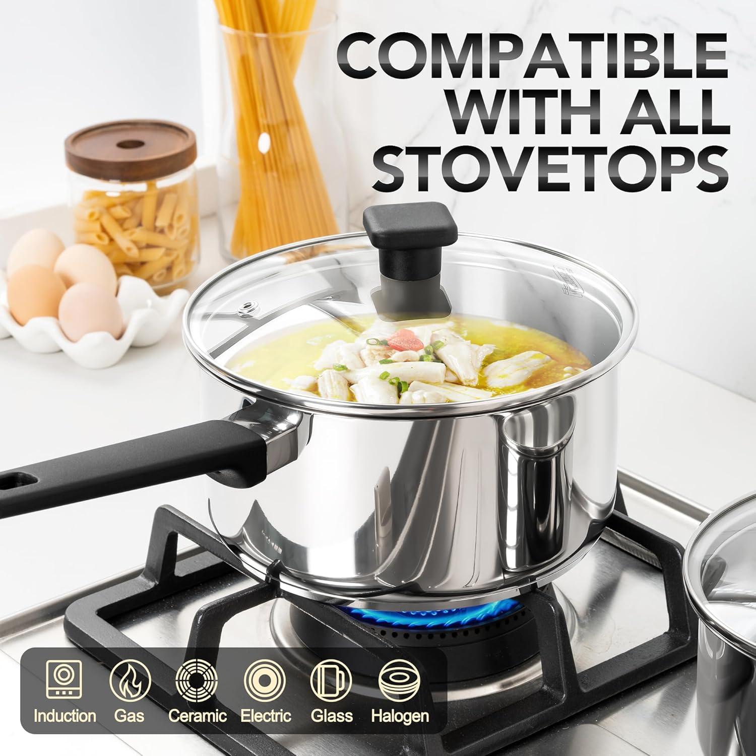 image:imageMICHELANGELO Stainless Steel Sauce Pan with Lid 1QT amp 2QT amp 3QT TriPly Stainless Steel Saucepans with Straight Bakelite Handle amp Square Lid Knob Nonstick Sauce Pans Set Induction Compatible