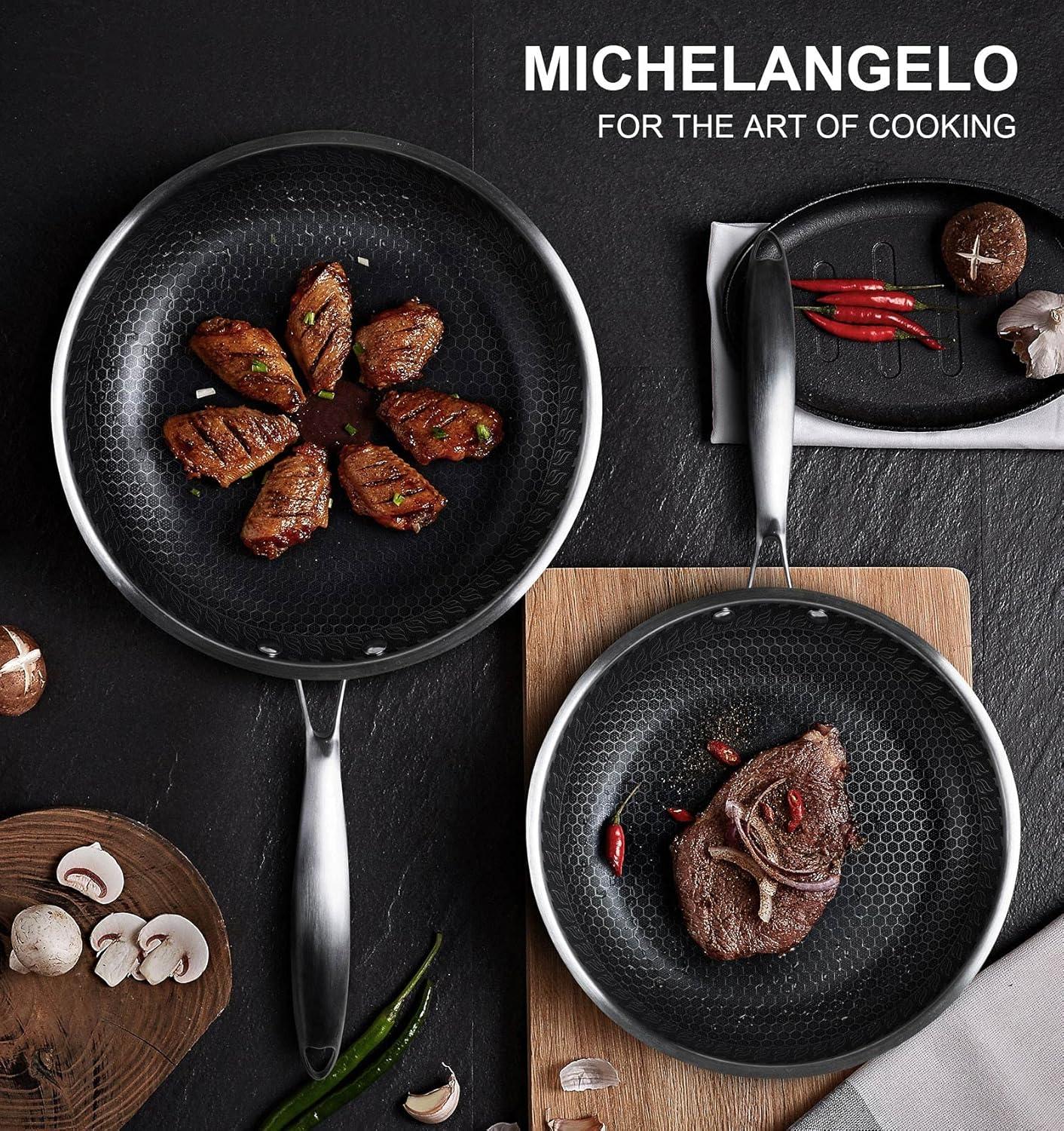 image:imageMICHELANGELO Stainless Steel Saucepan Set 1QT amp 2QT amp 3QT 10 amp 12 Inch Stainless Steel Pans with Honeycomb Coating