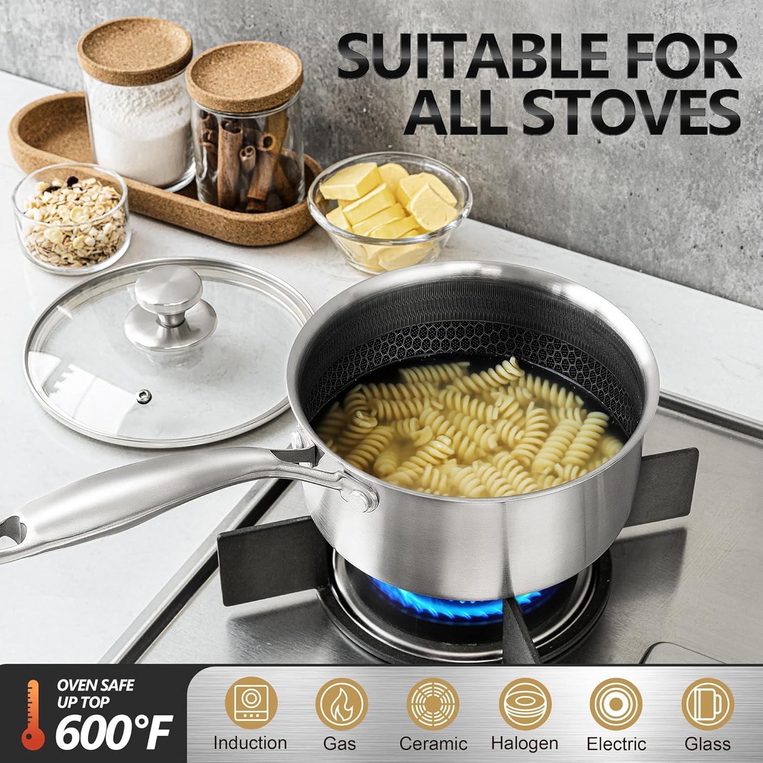 image:imageMICHELANGELO Stainless Steel Saucepan Set 1QT amp 2QT amp 3QT 10 amp 12 Inch Stainless Steel Pans with Honeycomb Coating