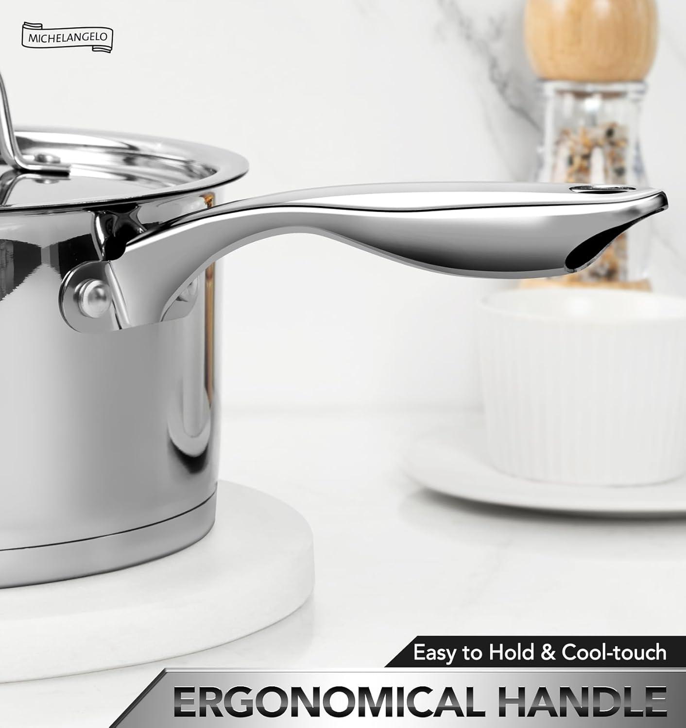image:imageMICHELANGELO Stainless Steel Saucepan Set with Stainless Lids TriPly Bottom Sauce Pan with Lid Sauce Pot Set 1QT amp 2QT amp3QT Nonstick Saucepan Dishwasher SafeSilver