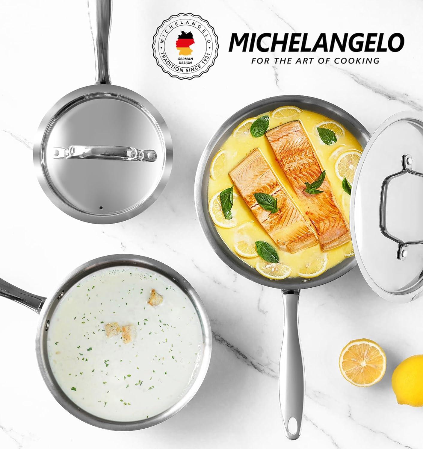 image:imageMICHELANGELO Stainless Steel Saucepan Set with Stainless Lids TriPly Bottom Sauce Pan with Lid Sauce Pot Set 1QT amp 2QT amp3QT Nonstick Saucepan Dishwasher SafeSilver