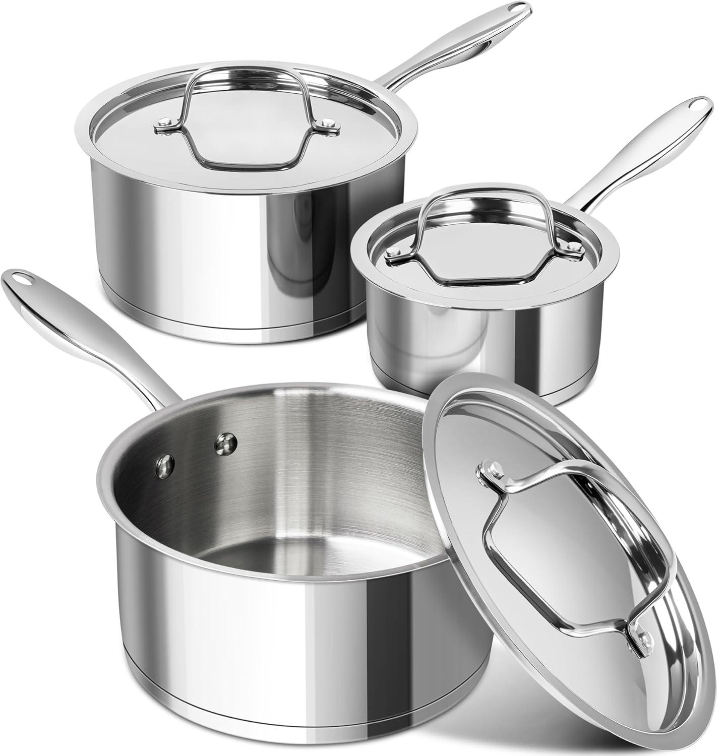 image:imageMICHELANGELO Stainless Steel Saucepan Set with Stainless Lids TriPly Bottom Sauce Pan with Lid Sauce Pot Set 1QT amp 2QT amp3QT Nonstick Saucepan Dishwasher SafeSilver