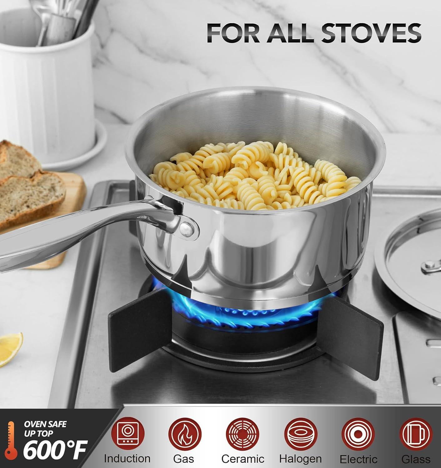 image:imageMICHELANGELO Stainless Steel Saucepan Set with Stainless Lids TriPly Bottom Sauce Pan with Lid Sauce Pot Set 1QT amp 2QT amp3QT Nonstick Saucepan Dishwasher SafeSilver
