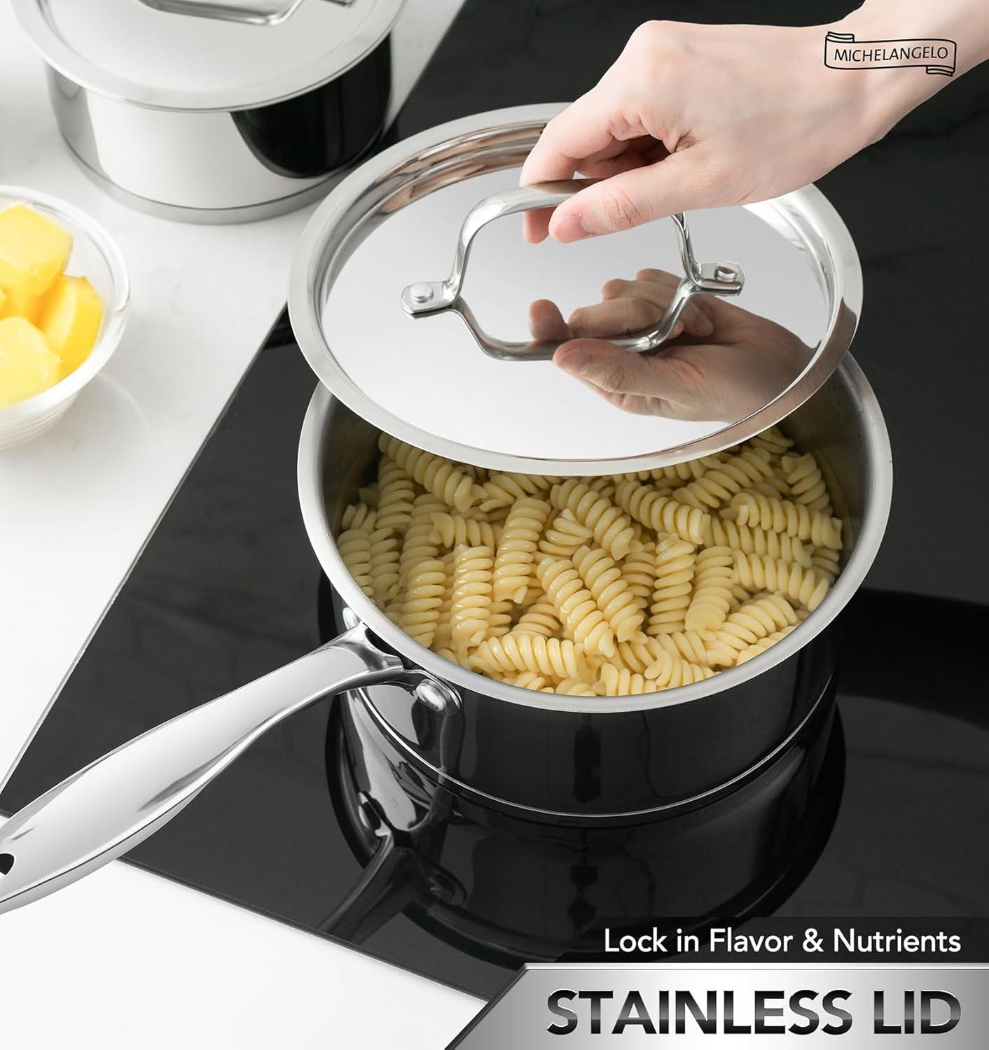 image:imageMICHELANGELO Stainless Steel Saucepan Set with Stainless Lids TriPly Bottom Sauce Pan with Lid Sauce Pot Set 1QT amp 2QT amp3QT Nonstick Saucepan Dishwasher SafeSilver