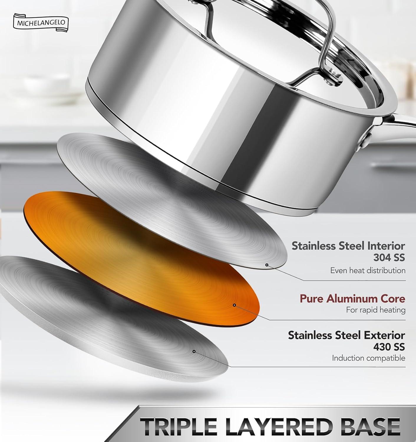 image:imageMICHELANGELO Stainless Steel Saucepan Set with Stainless Lids TriPly Bottom Sauce Pan with Lid Sauce Pot Set 1QT amp 2QT amp3QT Nonstick Saucepan Dishwasher SafeSilver