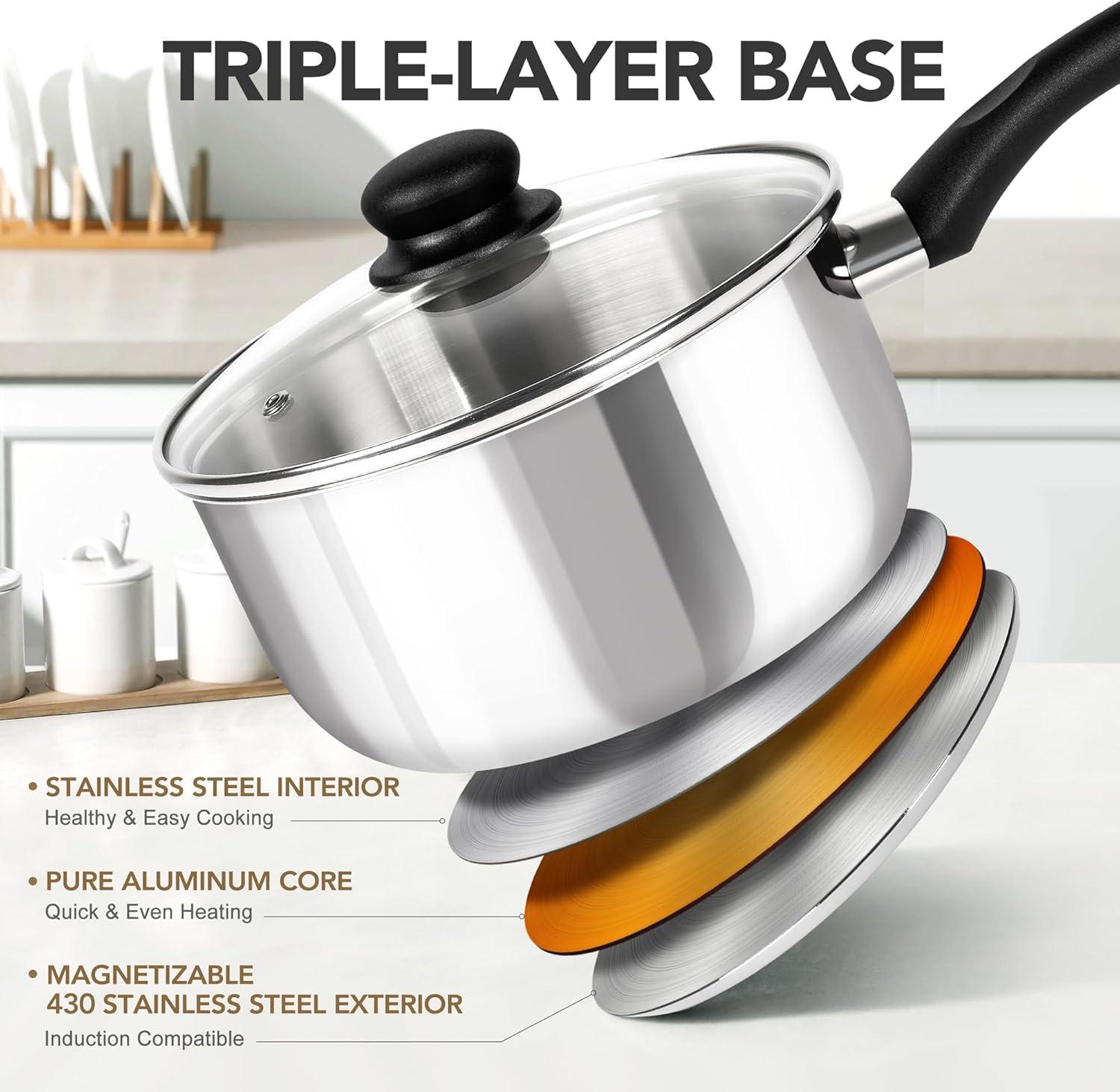 image:imageMICHELANGELO Stainless Steel Saucepan with Lid 6pcs Triply Base Stainless Steel Pot Set Saucepan Set with Bakelite Handle 1QT amp 2QT amp 3QTTransparent Lid