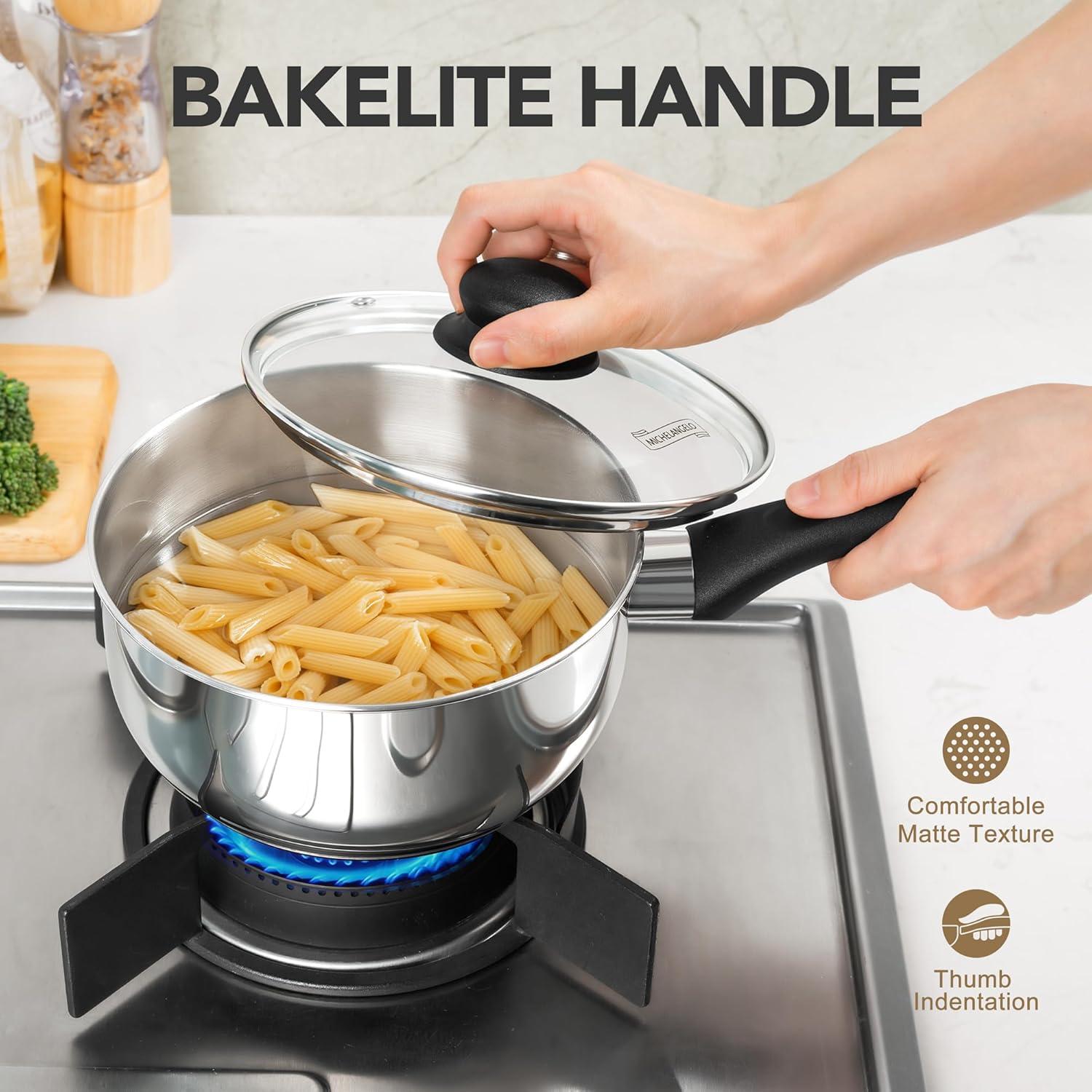 image:imageMICHELANGELO Stainless Steel Saucepan with Lid 6pcs Triply Base Stainless Steel Pot Set Saucepan Set with Bakelite Handle 1QT amp 2QT amp 3QTTransparent Lid